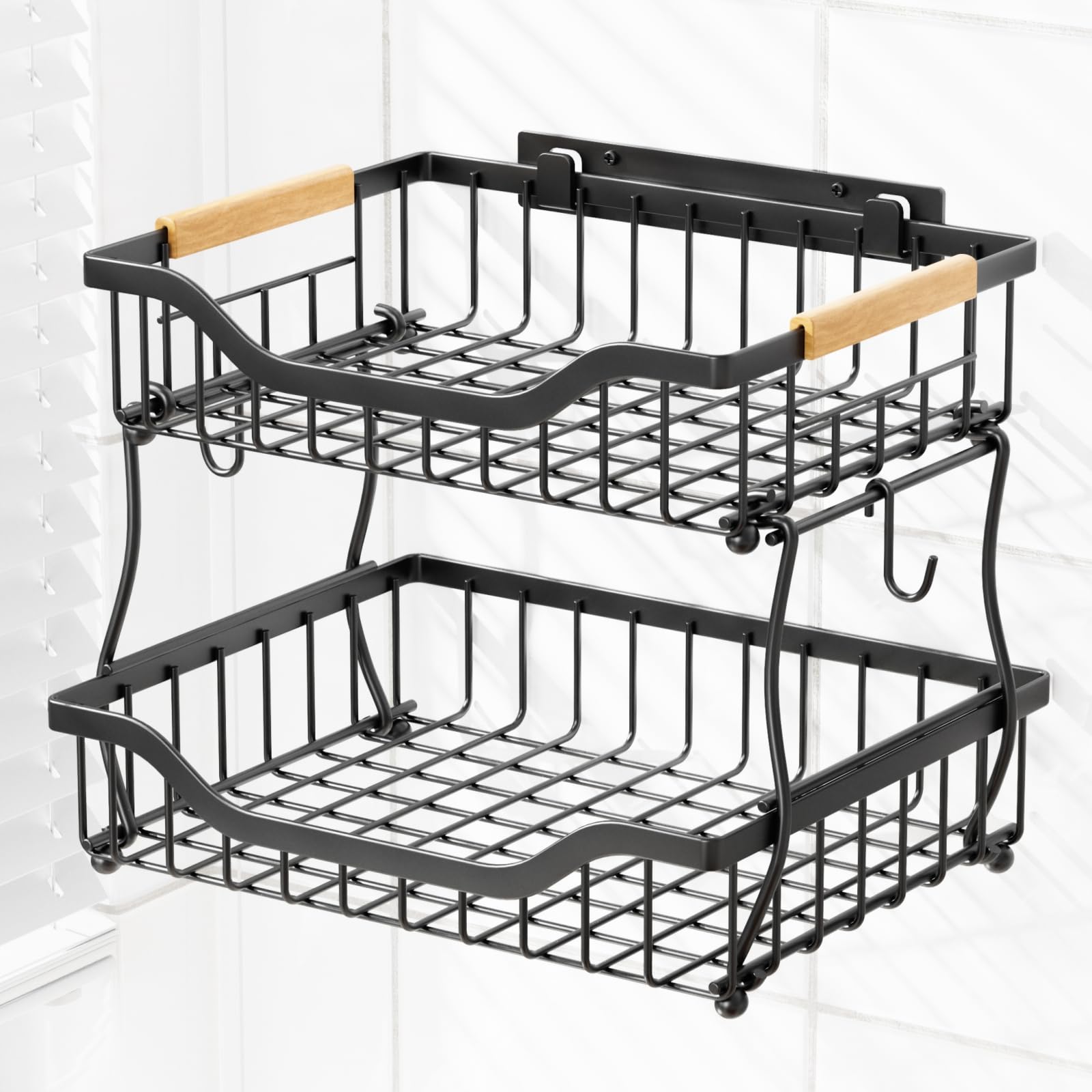 2-Tier Fruit Basket with Banana Hangers - Wall Mount & Countertop Kitchen Organizer for Fruits, Vegetables, Potatoes, Onions, Bread & Snacks | Space-Saving Storage Solution for Small Kitchens & Pantries