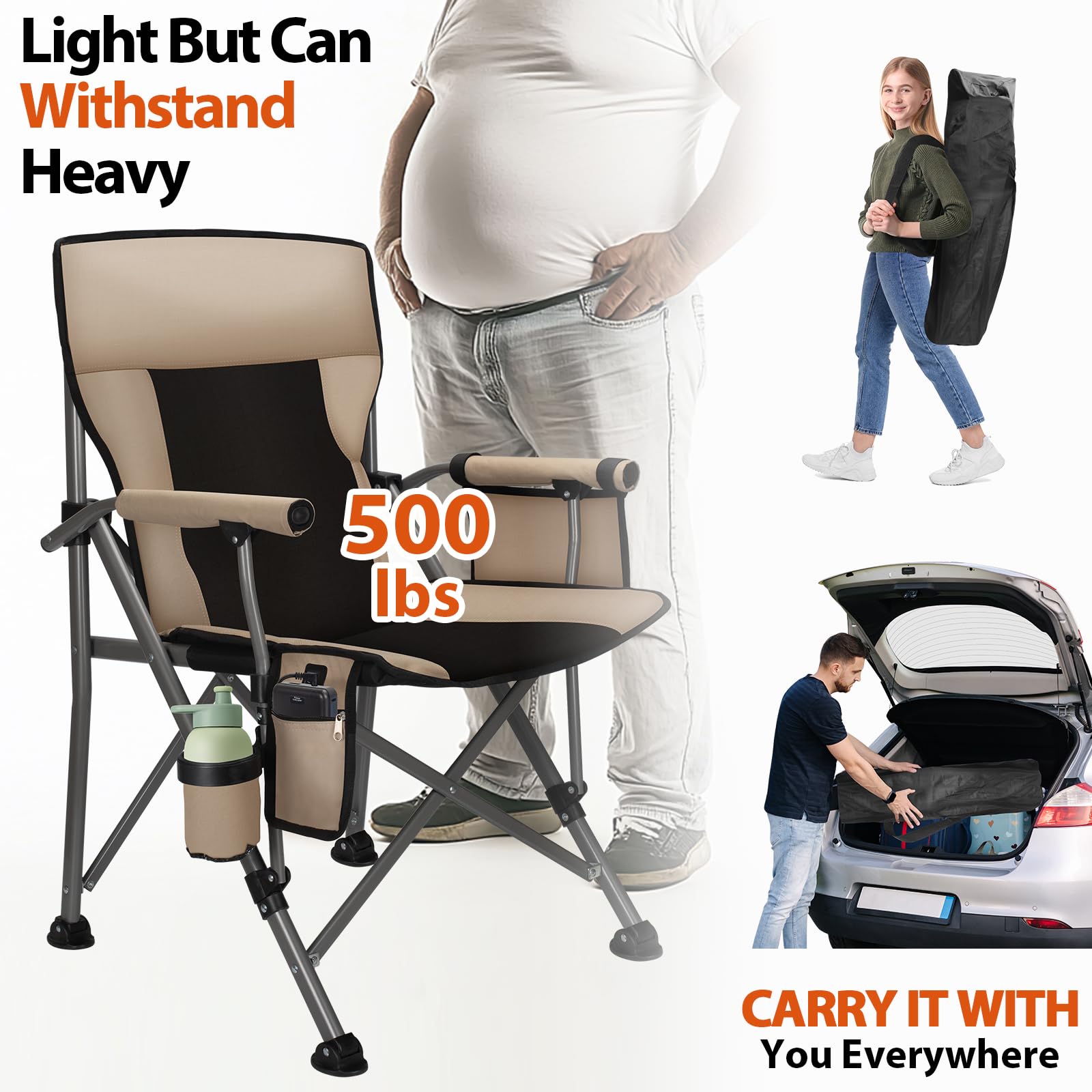 QUYUAN Heated Camping Chair with 20,000mAh Battery - Padded Outdoor Folding Chair, 500-Minute Heating & 500lb Capacity - Perfect for Camping, Hiking, Beach, Picnics & Winter Sports