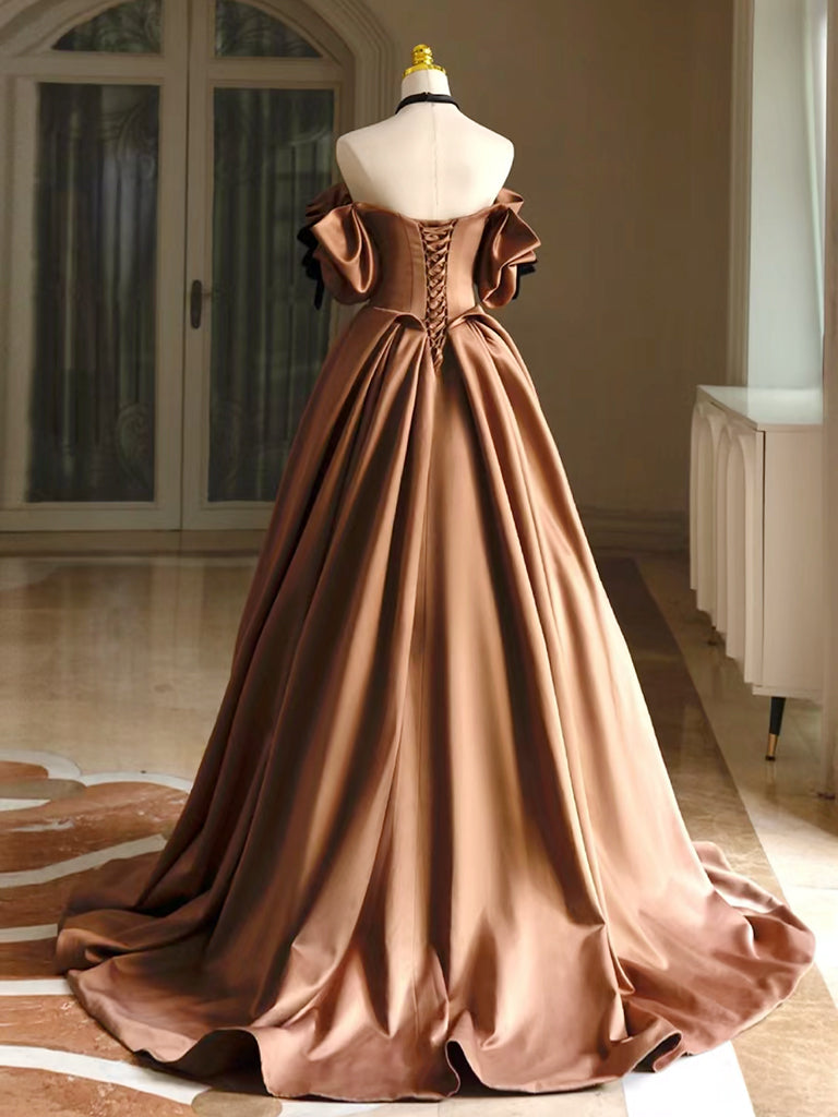 Elegant A-Line Satin Brown Long Prom Dress for Women - Formal Evening Gown for Homecoming, Wedding, and Special Occasions