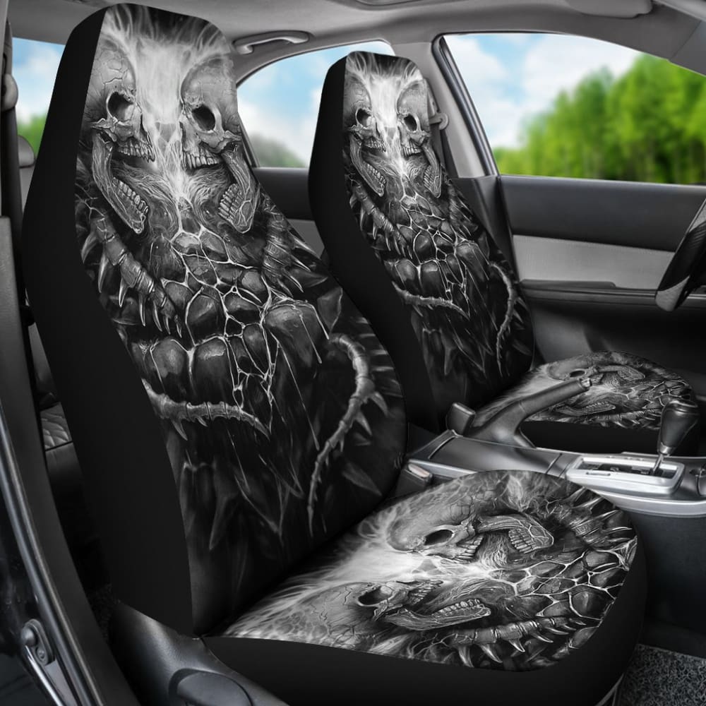 2 Pcs Gothic Skull Car Seat Covers - Universal Fit for Cars, Trucks & SUVs - Black Skull Pattern Auto Accessories - Perfect for Halloween, Horror Fans & Gothic Style Lovers