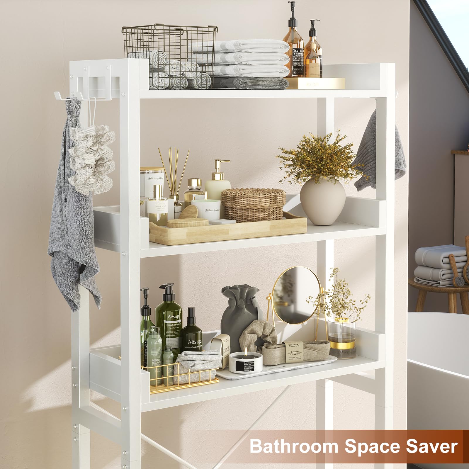 EcoPrsio 3-Tier Over The Toilet Storage Shelf - Freestanding Bathroom Organizer with 4 Hooks, White Space Saver - Perfect for Small Bathrooms, Apartments & Dorm Rooms