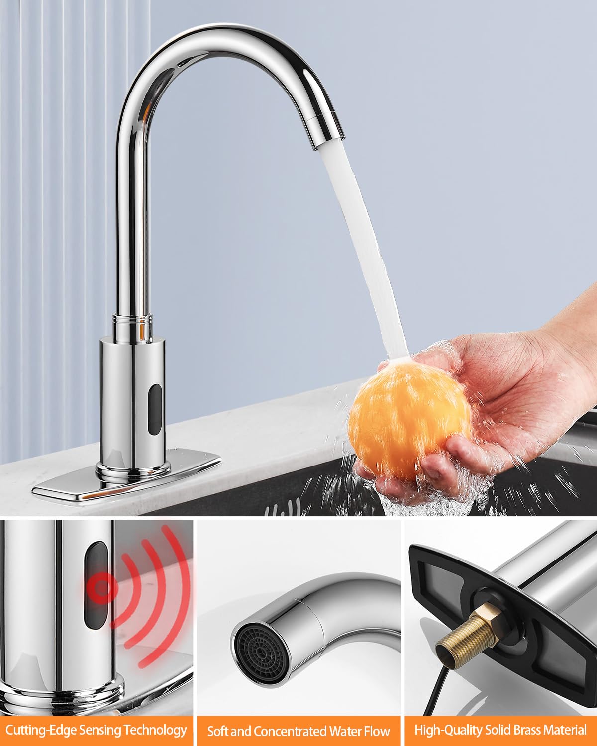 Automatic Touchless Motion Sensor Faucet for Bathroom & Kitchen Sink - Commercial/Public Use with Deck Plate & Temperature Mixer - Battery or Plug-in Powered - 1 Hole or 3 Hole Installation - Chrome Finish - Ideal for Restaurants, Hospitals, and High-Traffic Public Spaces