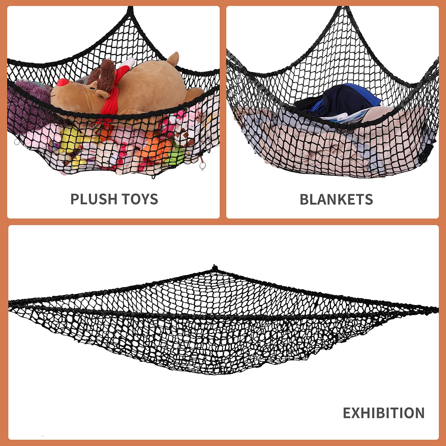 LXUNYI 84-Inch Large Mesh Toy Hammock - Stuffed Animal Storage Net Organizer for Kids' Bedroom, Wall Corner Space Saver | Perfect for Plush Toys, Stuffed Animals & Kids Room Decor (Black)