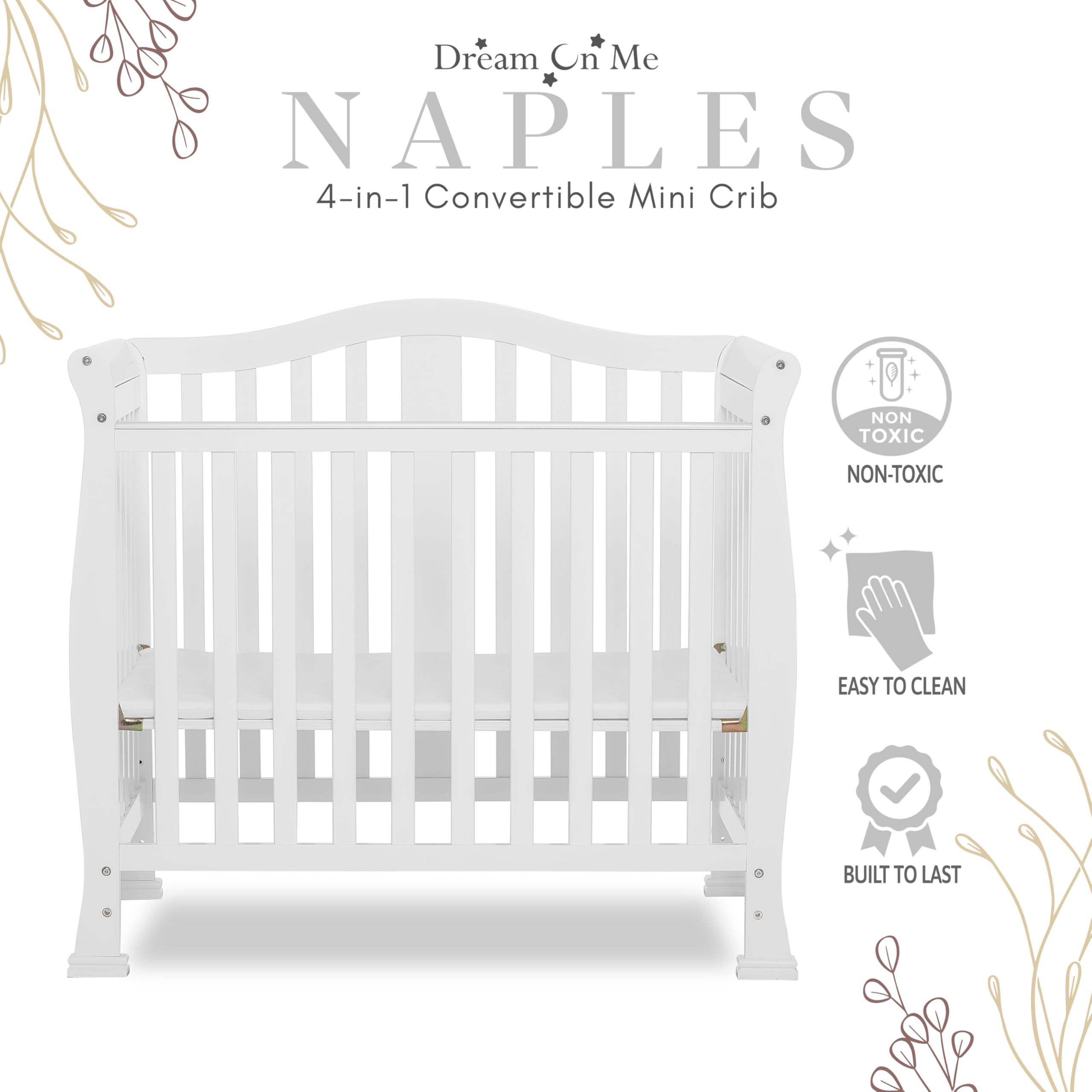 Dream On Me Addison 4-in-1 Convertible Mini Crib - White | GREENGUARD Gold Certified | Non-Toxic New Zealand Pinewood | Includes 1