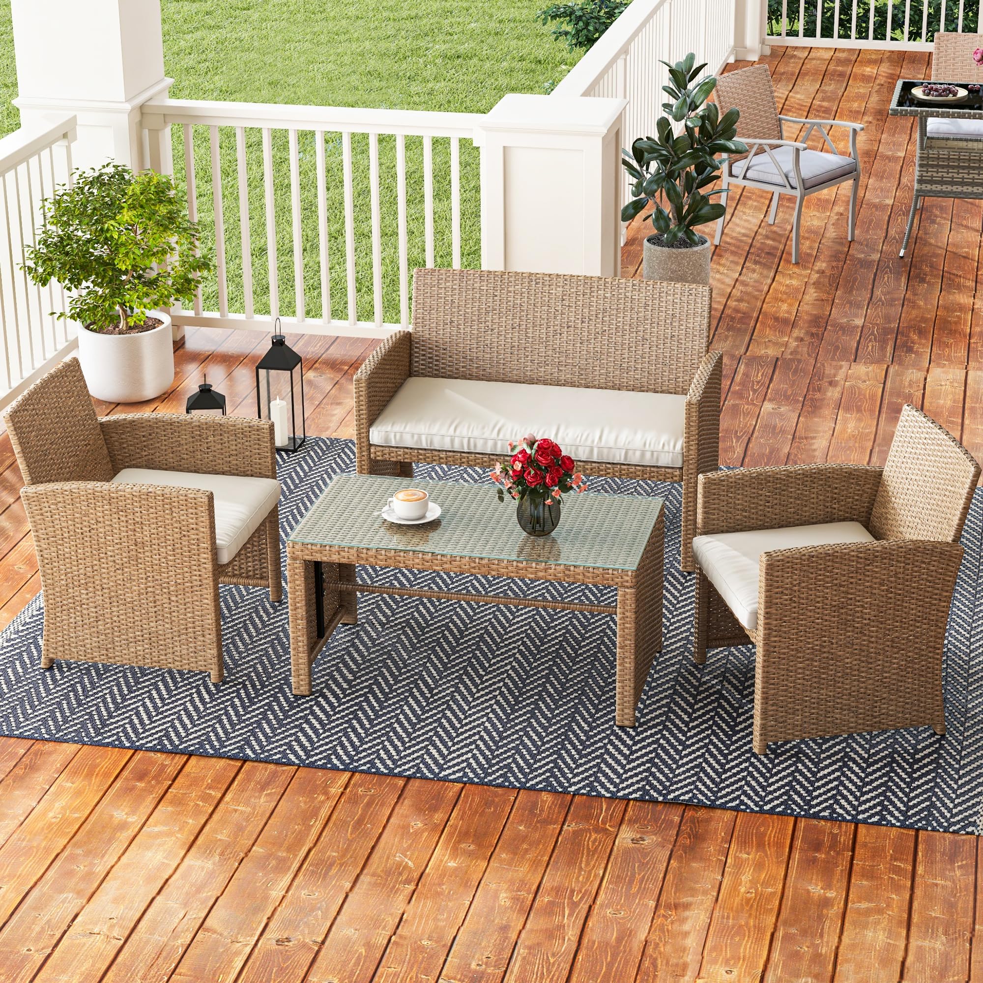 YITAHOME 4-Piece Patio Bistro Set - All-Weather Outdoor Rattan Wicker Loveseat with Glass Side Table & Cushions (Light Brown/Beige) - Perfect for Garden, Balcony & Backyard Relaxation