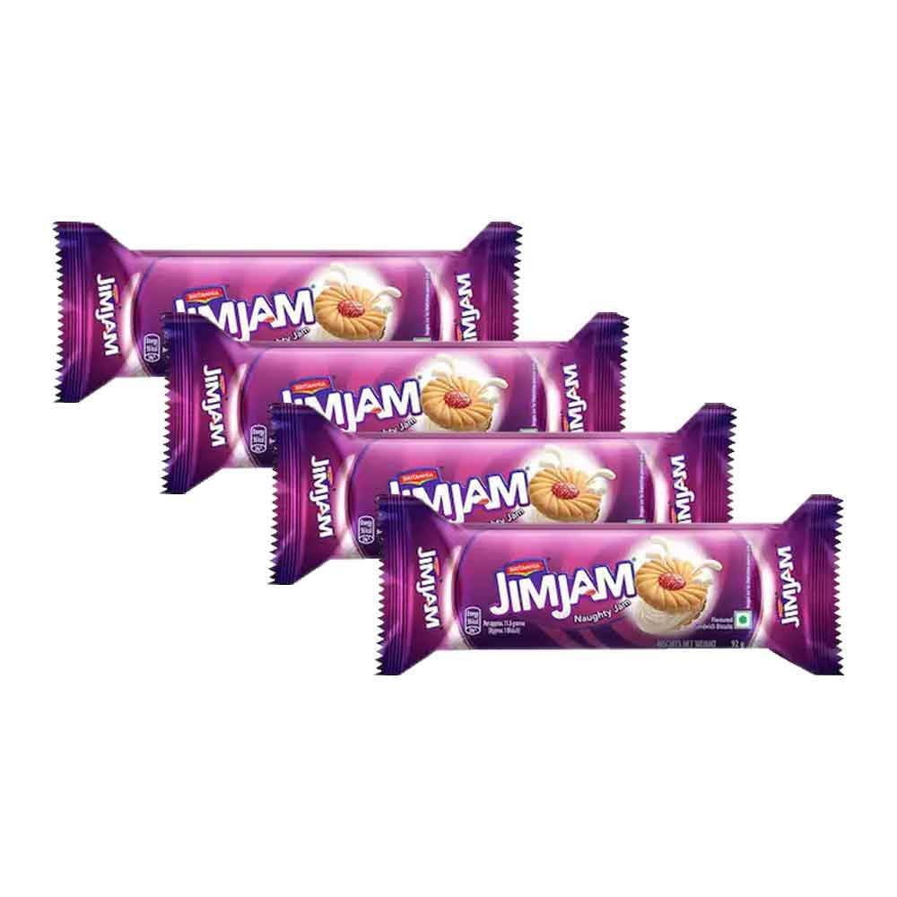Britannia Treat Naughty Jim Jam Sandwich Biscuits 3.24oz (92g) - Pack of 4 - Delicious Grocery Cookies for Breakfast, Tea Time & Snacking - Perfect for Office, School Lunchboxes & Afternoon Tea Parties