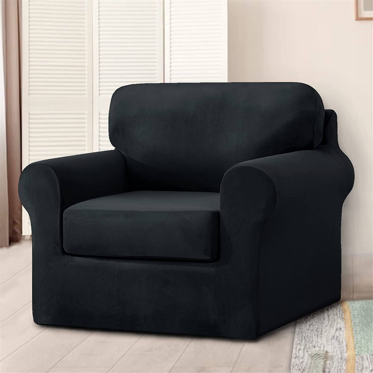 Velvet Stretch Sofa Slipcover Set - 3 Piece Anti-Slip Armchair Cover with Elastic Band, Separate Backrest & Seat Cushion Cover for Living Room Furniture Protection (Black) | Perfect for Home Decor, Pet-Friendly Sofa Protection & Daily Use