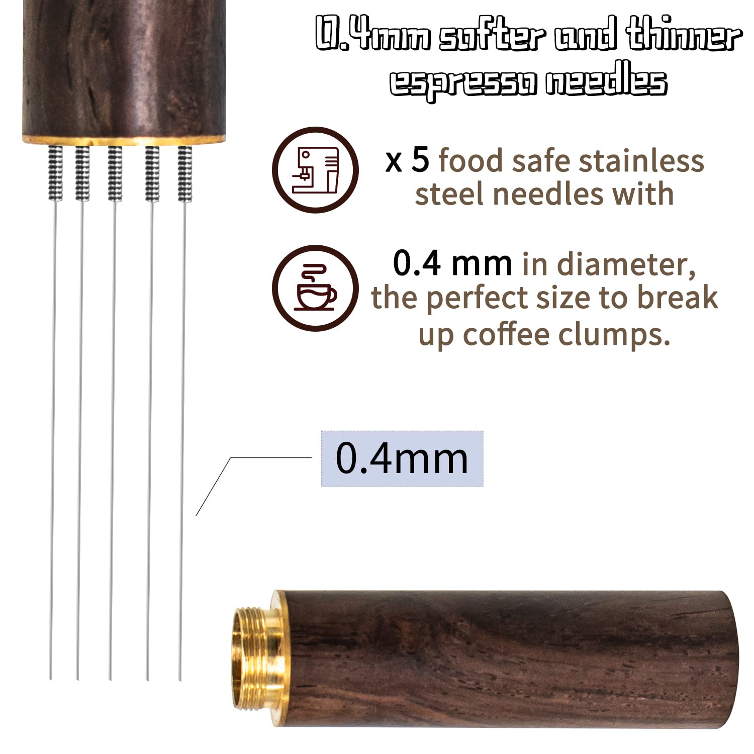 Professional Espresso Coffee Stirrer - 5 Needle Barista Tool with 0.4mm Needles & Natural Wood Handle - Perfect for Even Coffee Ground Distribution - Ideal for Home Baristas and Coffee Shops