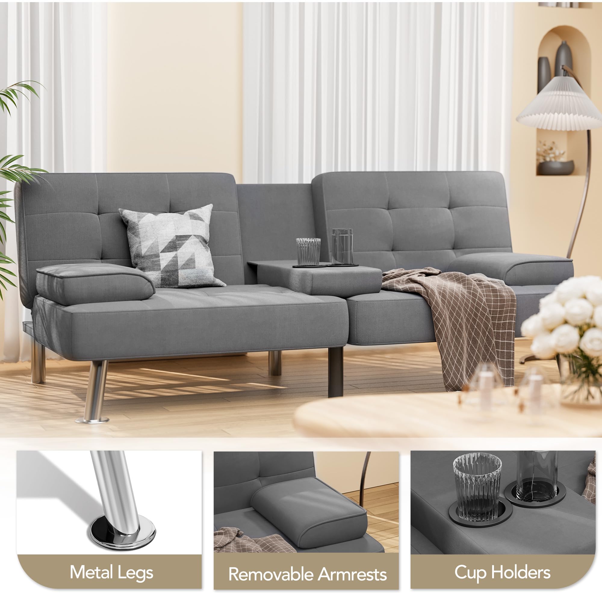 Modern Linen Upholstered Convertible Folding Futon Sofa Bed - Removable Armrests & Metal Legs with 2 Cup Holders - Dark Grey for Living Room, Guest Room & Small Spaces - Perfect for Apartments, Dorms & Home Offices