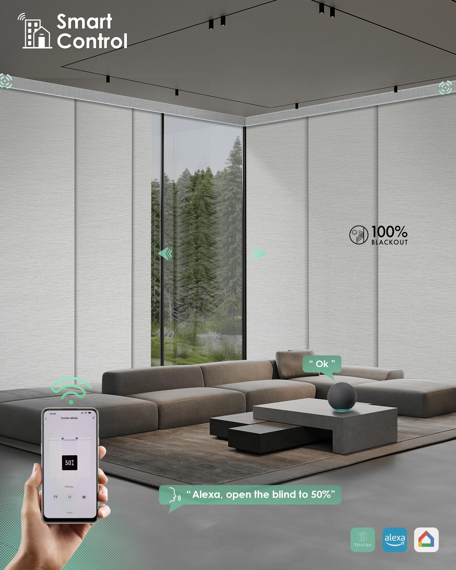 Yoolax Custom XL Smart Motorized Sliding Blinds - Alexa Compatible Blackout Vertical Shades for Glass Doors, Patio & Closet - Foggy Thread Gray | Perfect for Home Automation, Privacy & Light Control