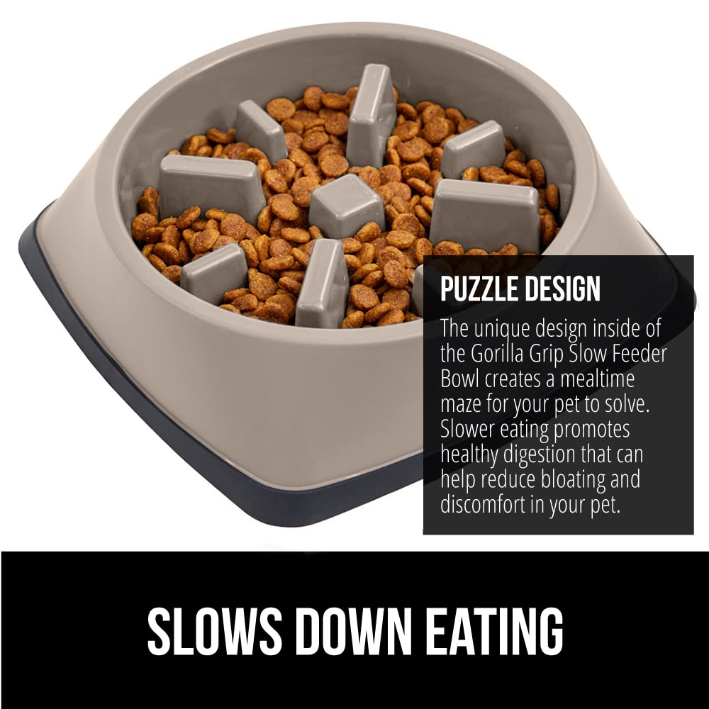 GORILLA GRIP Slow Feeder Dog Bowl - Interactive Puzzle Toy for Dogs & Cats - Prevents Overeating & Keeps Pets Busy - BPA Free Pet Food Training Dish - 1 Cup Capacity Beige - Perfect for Mealtime Enrichment & Puppy Training