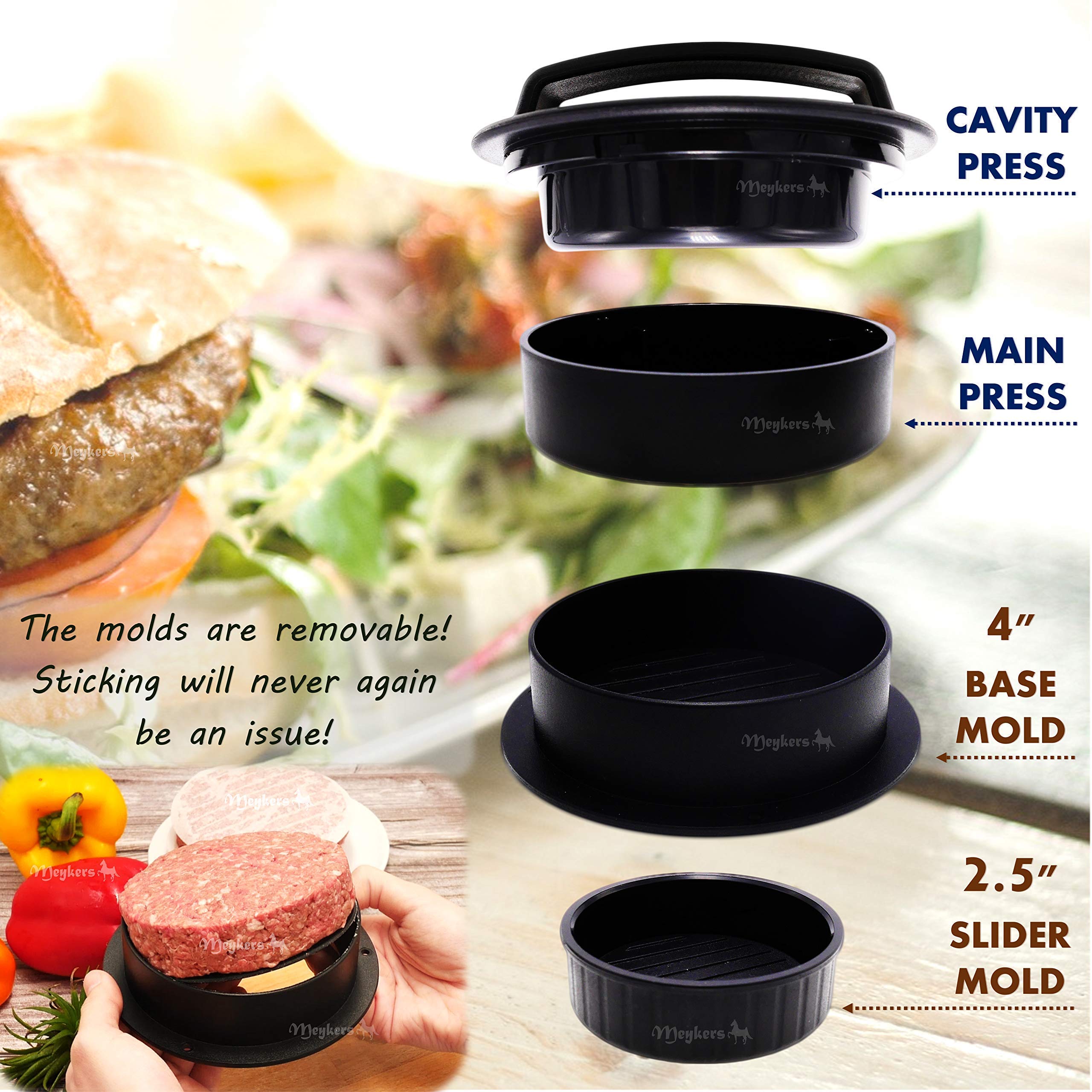 Meykers 3-in-1 Non-Stick Hamburger Patty Press Maker with 100 Wax Papers - Perfect for Cheeseburgers, Sliders, Stuffed Burgers, Beef & Vegan Patties - Ideal for BBQ, Grilling, Home Cooking & Outdoor Parties