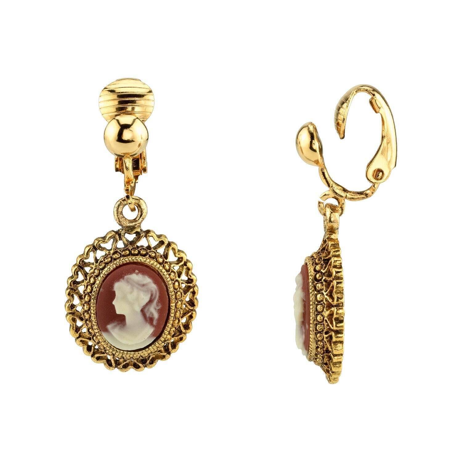 Vintage 1928 Brass Faux Cameo Oval Heart Clip-On Earrings for Women - Elegant Retro Jewelry for Parties, Weddings & Special Occasions