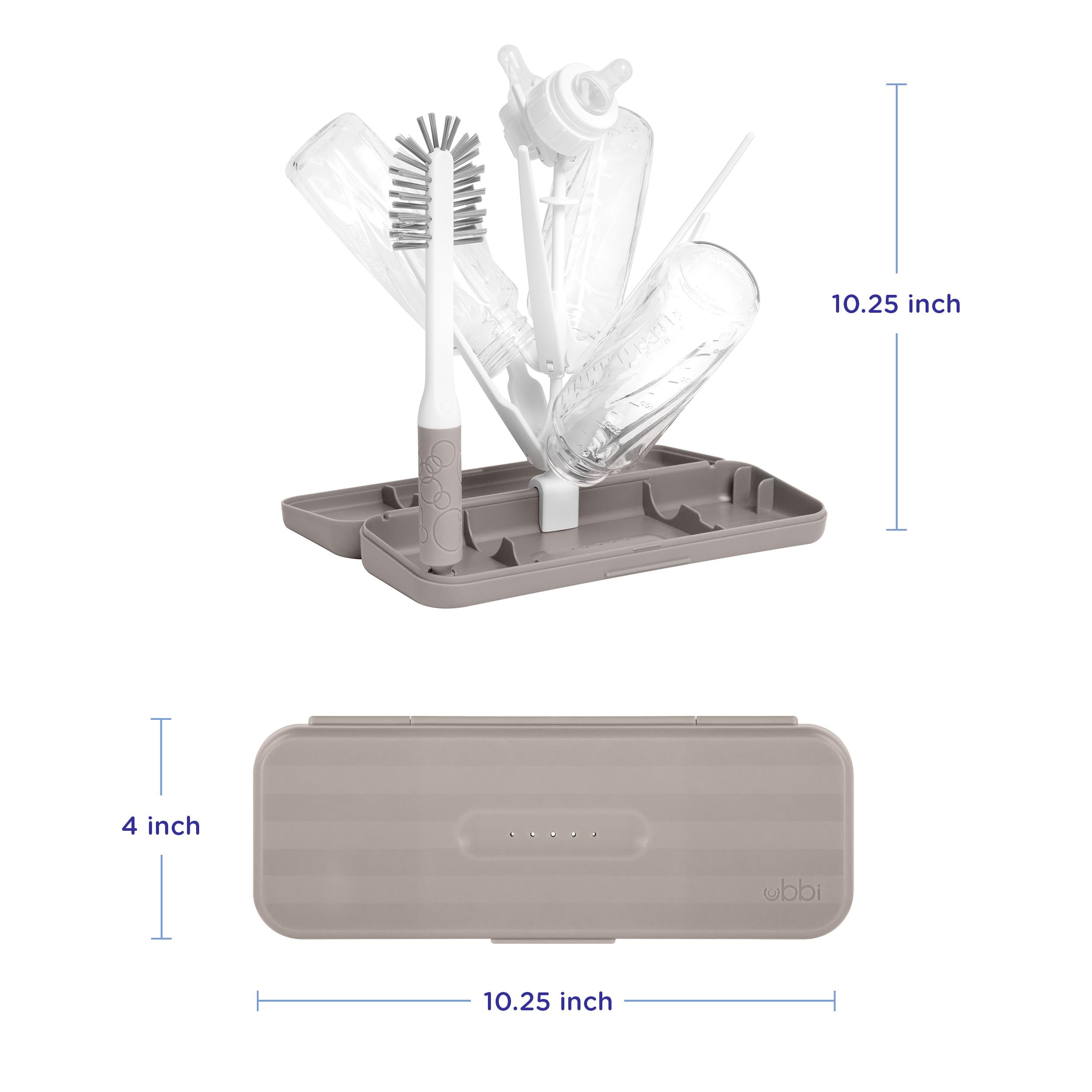 Ubbi On-The-Go Baby Bottle Drying Rack & Brush Set with Travel Case - Compact Storage for 8 Bottles - Taupe - Perfect for Travel, Daycare & On-the-Go Parents