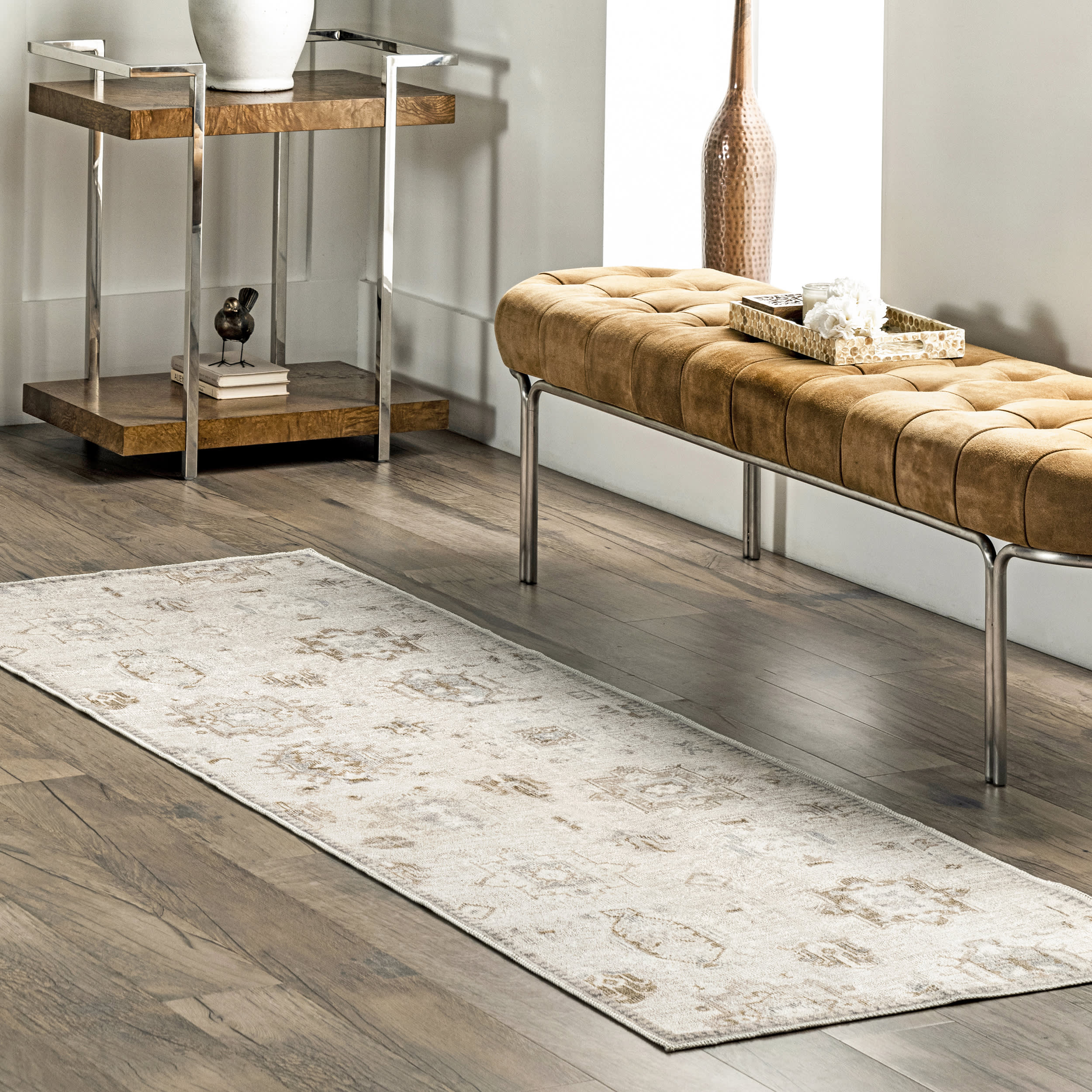 Brenda Hazy Heraldry Washable Rug - Soft & Durable Beige Area Rug for Living Room, Bedroom, or Nursery | Easy to Clean & Stain Resistant