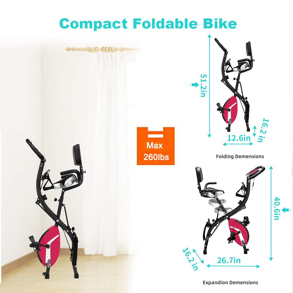 3 in 1 Magnetic Foldable Upright Exercise Bike with LCD Display & Pulse Sensor - Adjustable Recumbent & Stationary Bike with Large Backrest, Comfy Seat & Handles - Perfect for Home Gym, Cardio Workout & Physical Therapy (Pink)
