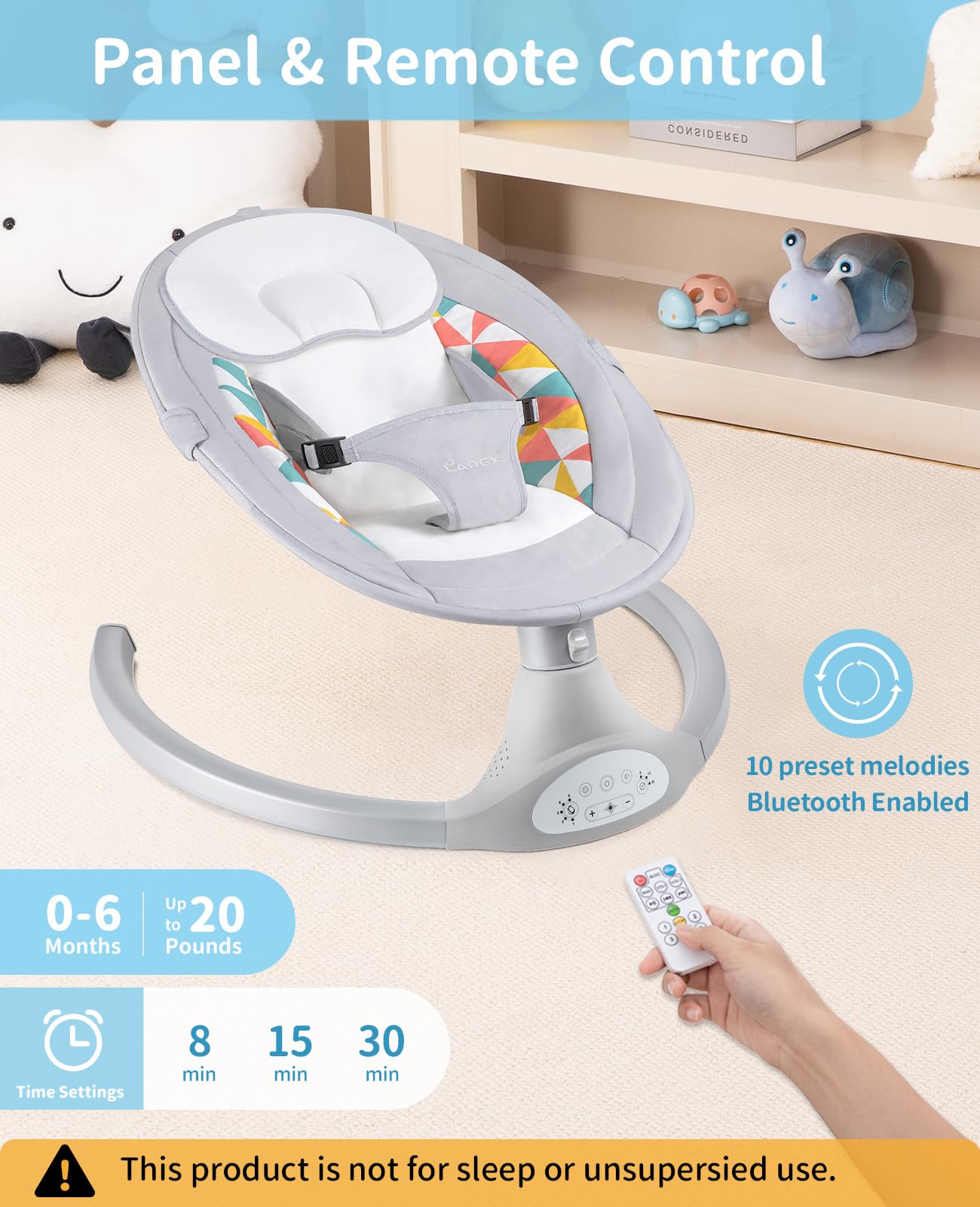 LAREX Electric Baby Swing with Bluetooth, 5 Speed Settings & Remote Control - Portable Infant Rocker for Newborns (Grey) - Perfect for Nursery, Travel & Soothing Fussy Babies