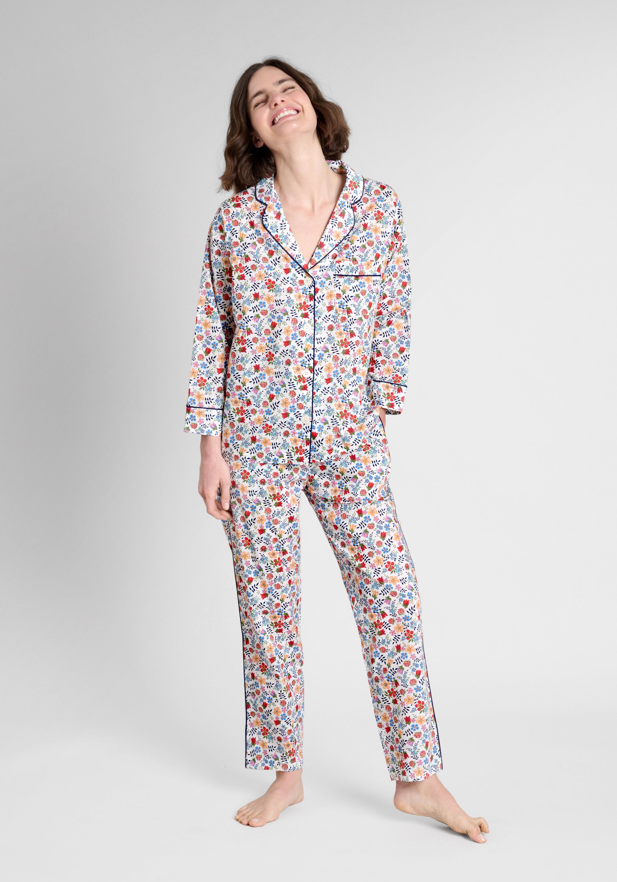 Liberty Edenham Floral White Pajama Set for Women - Soft Cotton Sleepwear with Short Sleeve Top & Pants - Perfect for Lounging, Sleepovers, and Relaxing at Home