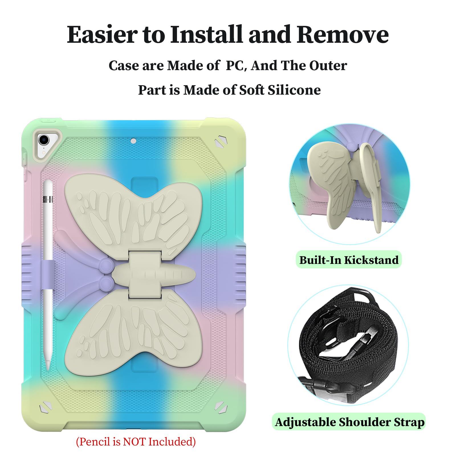 Shockproof iPad Case for Kids Girls - Compatible with iPad 9th/8th/7th Gen & iPad Air 3rd Gen (10.2 Inch), Built-in Pencil Holder, Butterfly Stand & Adjustable Shoulder Strap - Full Body Protective Cover (Green) - Perfect for School, Travel & Outdoor Activities