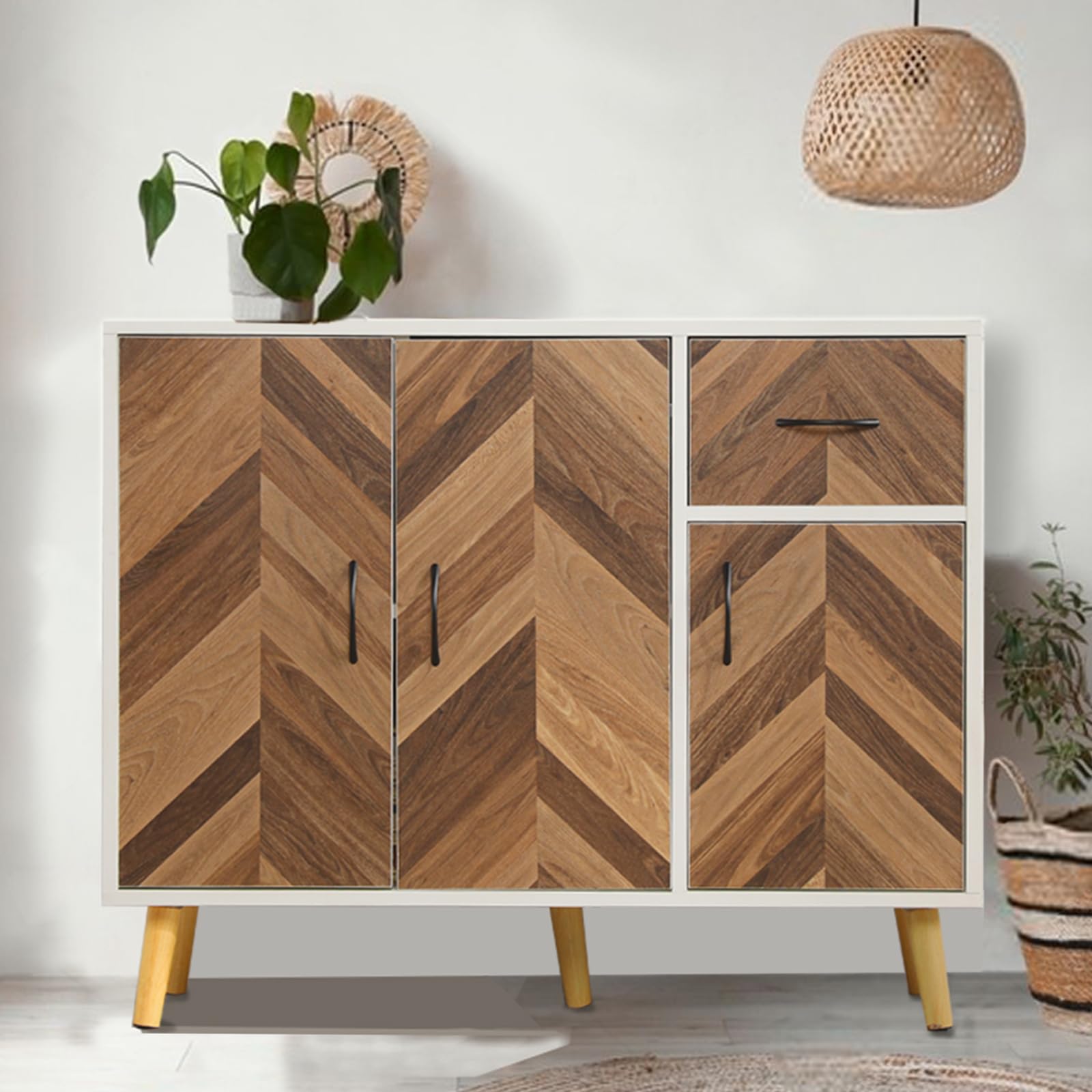 Mid-Century Modern Sideboard Buffet Cabinet with Storage - Slim Console Table with Drawers for Kitchen, Living Room, Hallway & Entryway - White Brown Rustic Finish - Perfect for Dining Room Storage & Home Decor