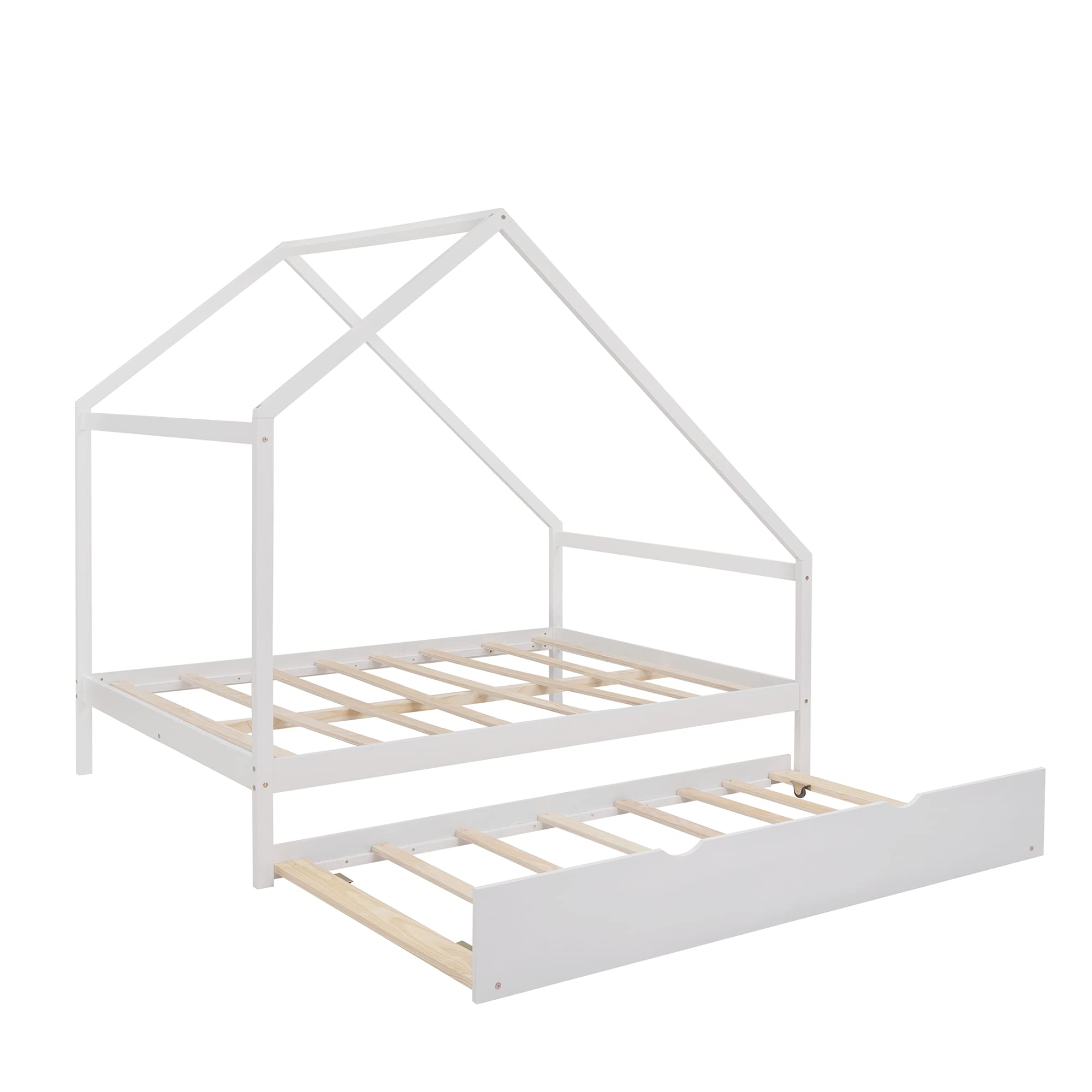**Solid Wood House Bed Frame - Full Size Daybed with Twin Trundle, Platform Bed with Roof for Kids, Teens & Toddlers - White - Perfect for Bedrooms, Playrooms & Sleepovers**