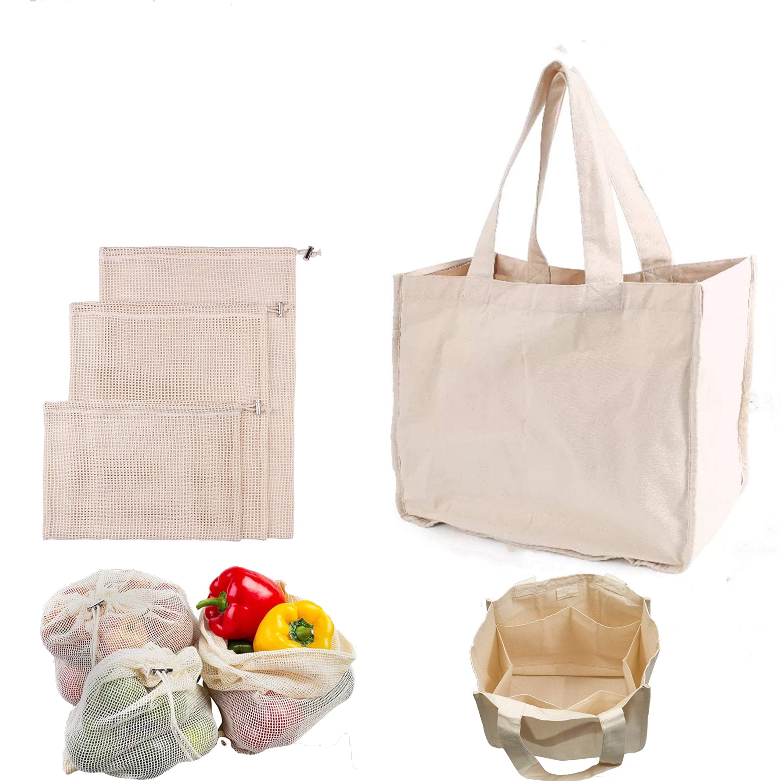 Eco-Friendly Reusable Shopping Bags Set - 4 Pack (1 Cotton Canvas Bag + 3 Mesh Bags) - 100% Organic Cotton, Washable & Durable for Groceries, Beach & Farmers Market