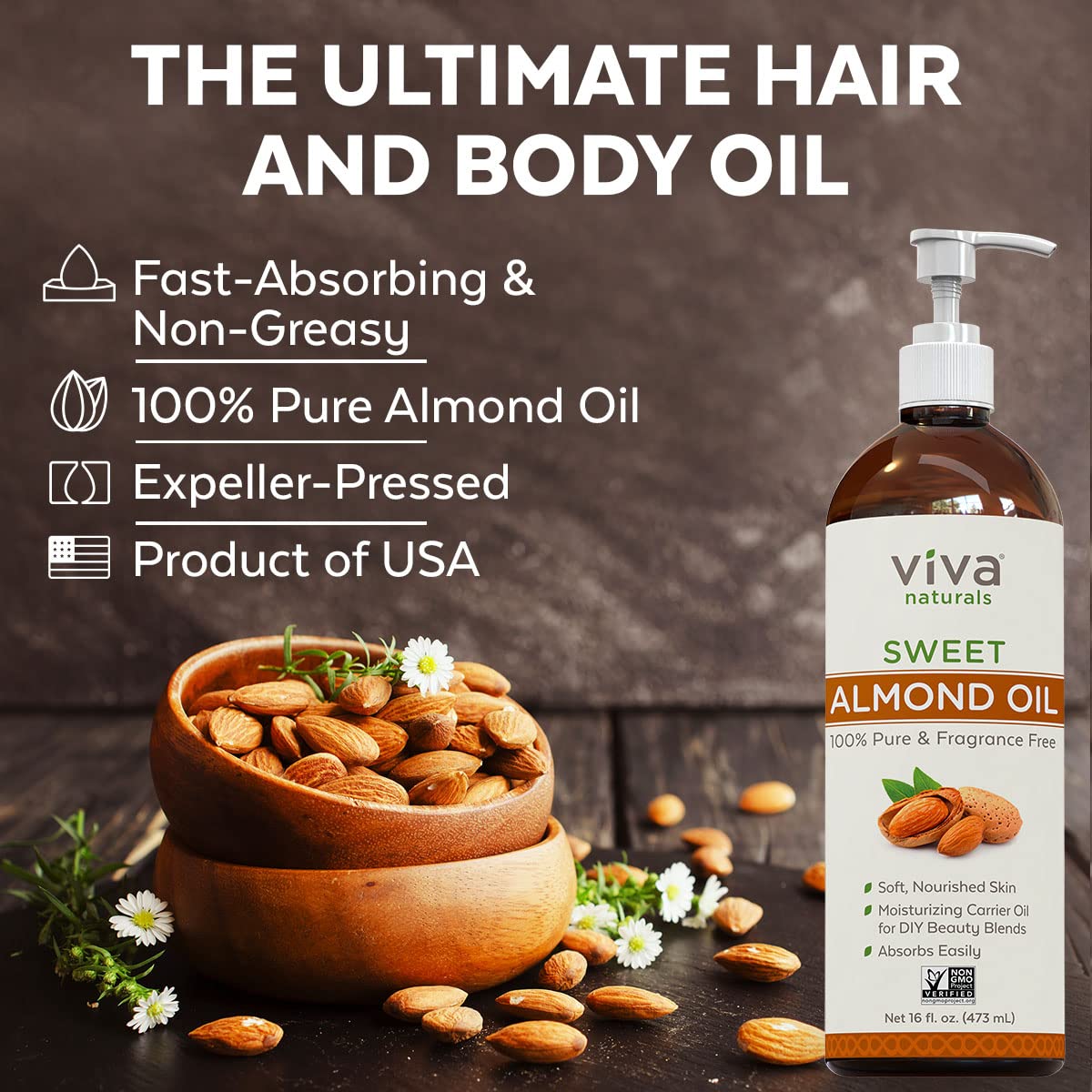 Organic Sweet Almond Oil 16 oz (Pack of 2) - Pure Cold Pressed for Skin & Hair Care - Natural Moisturizer for Face, Body & Scalp - Unscented Massage Oil for Relaxation & Aromatherapy - Perfect for DIY Beauty Recipes & Spa Treatments