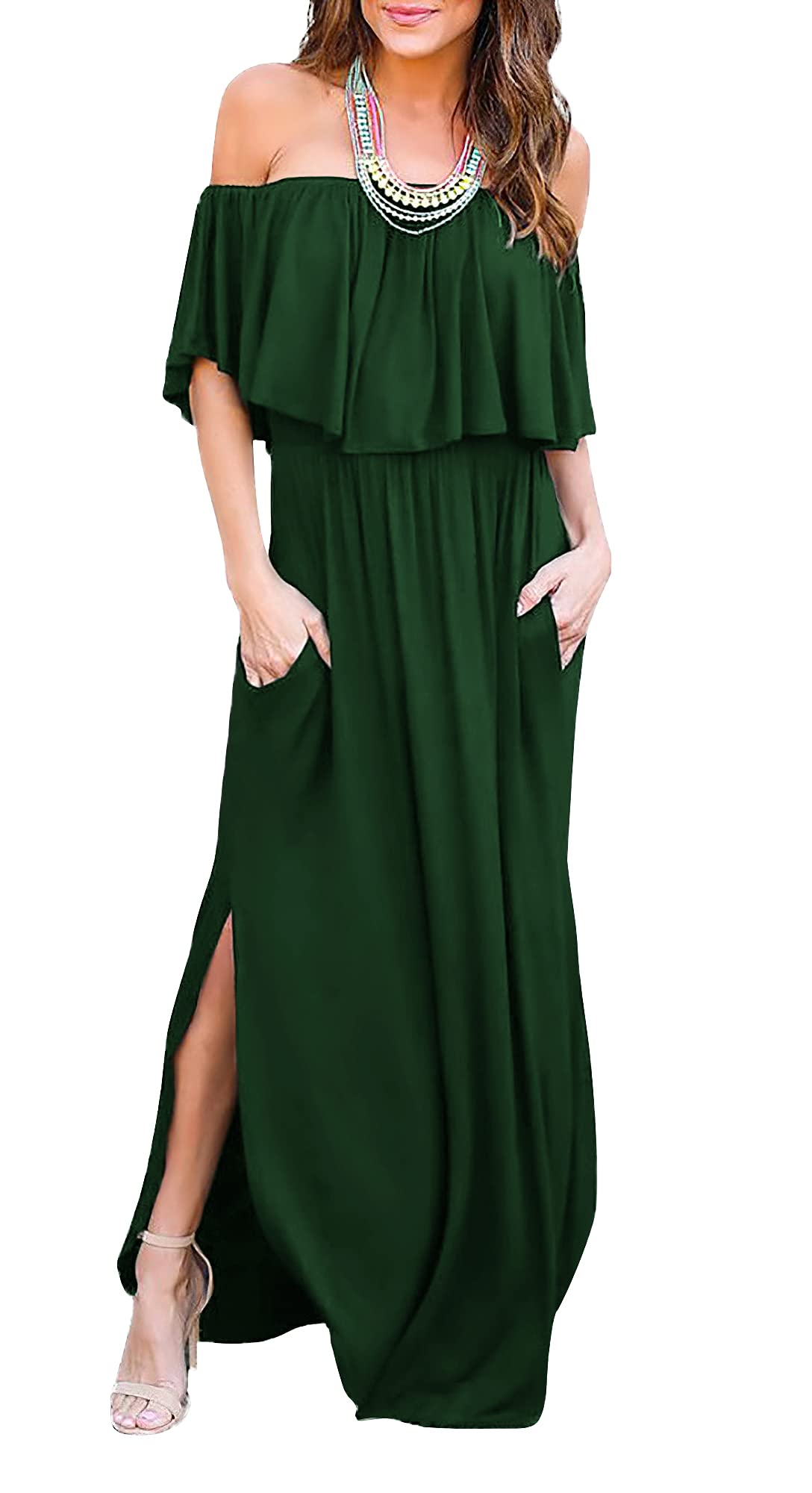 Women's Off The Shoulder Ruffle Party Dress - Sexy Side Split Beach Maxi Dress for Summer Vacation, Cocktail Party & Evening Events