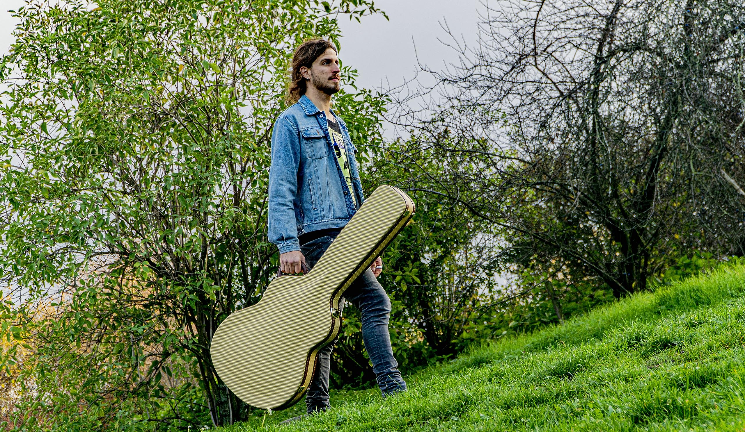 Premium Crossrock Wooden Guitar Case for 335 Style 6-String Semi-Hollow Electric Guitars - Durable Stainless Steel Latches, Protective Sponge Lining, Metal Feet & Storage Space - Vinyl Tweed (CRW620SATW) - Perfect for Gigging Musicians & Professional Storage