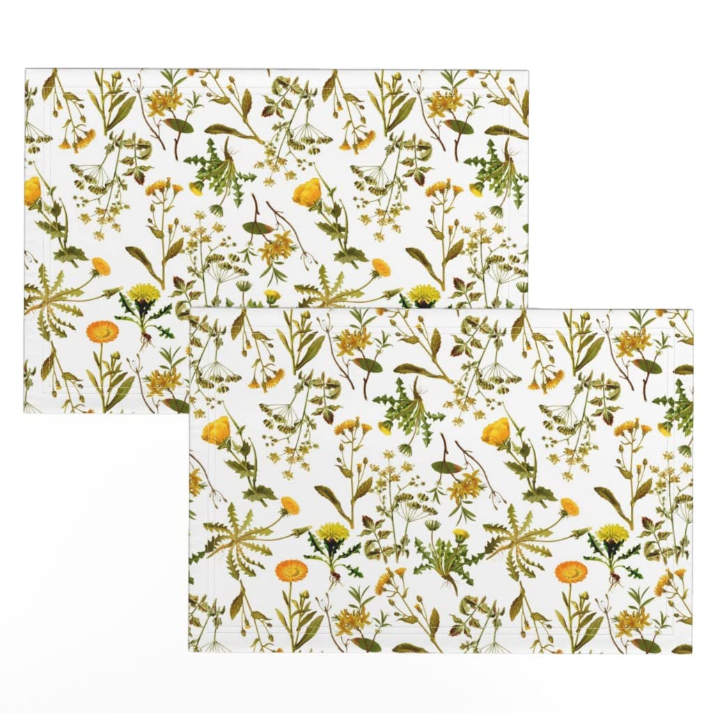 Vintage Farmhouse Dandelion Floral Printed Linen Cotton Canvas Placemats Set of 2 - Yellow Wildflower Botanical Design for Dining Table Decor, Kitchen, Picnic & Outdoor Entertaining