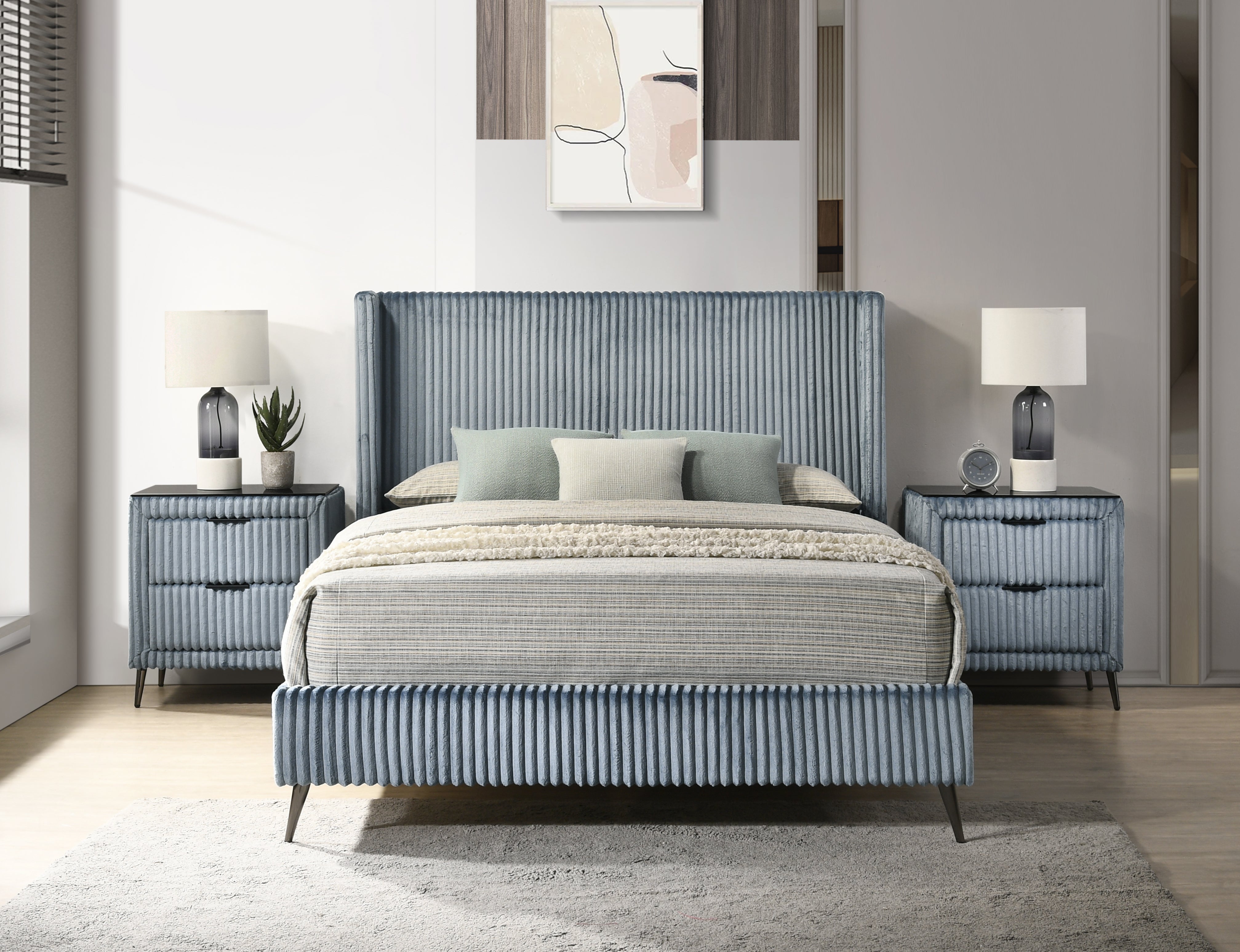 Roundhill Furniture Mavela Wide Wale Corduroy Upholstered Panel Bed with 2 Nightstands - Luxurious Bedroom Set for Modern Home Decor & Cozy Sleeping Experience