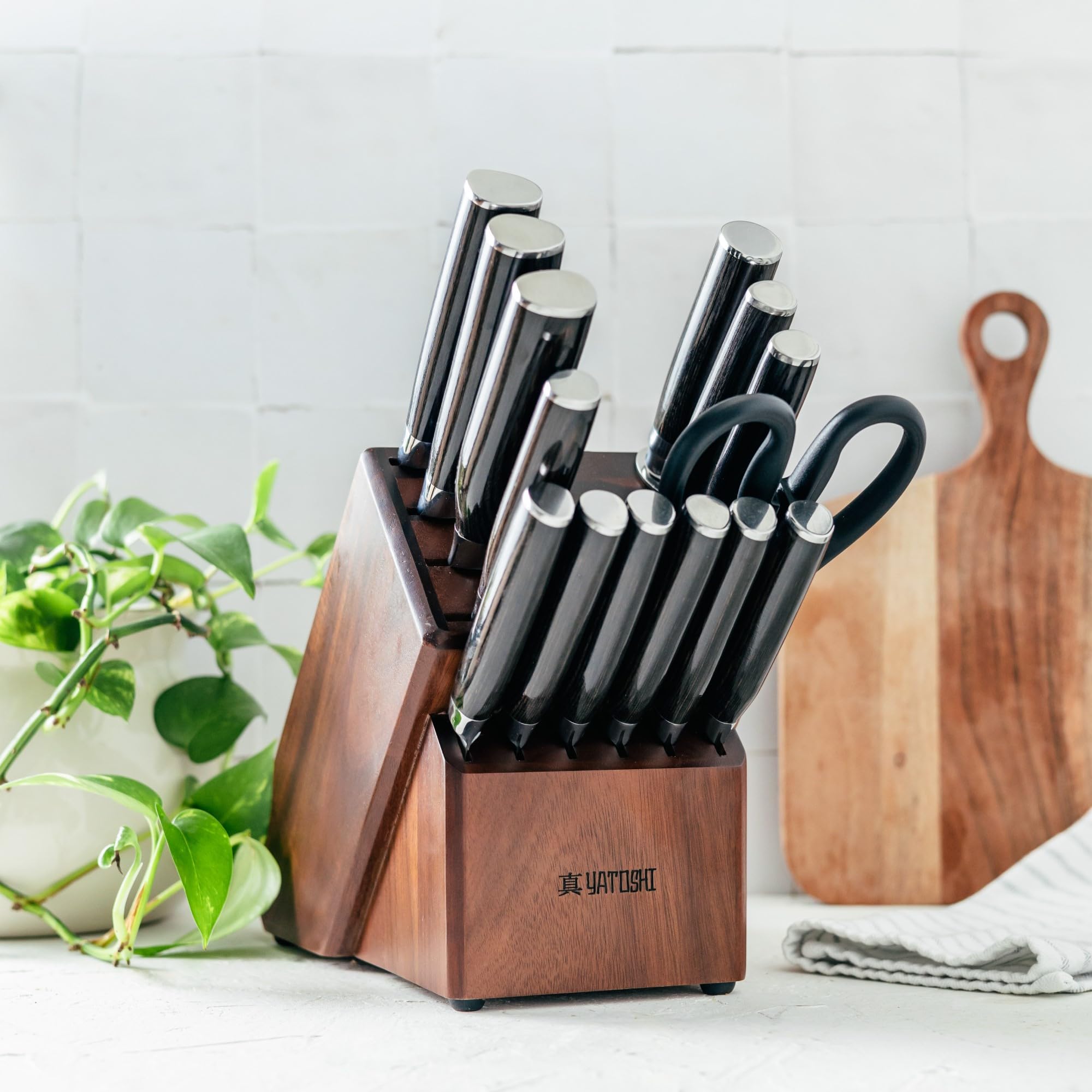 Yatoshi 15-Piece Professional Knife Block Set - Ultra Sharp High Carbon Stainless Steel Kitchen Knives with Ergonomic Handle for Chefs & Home Cooking | Perfect for Meat Cutting, Vegetable Chopping & Food Prep