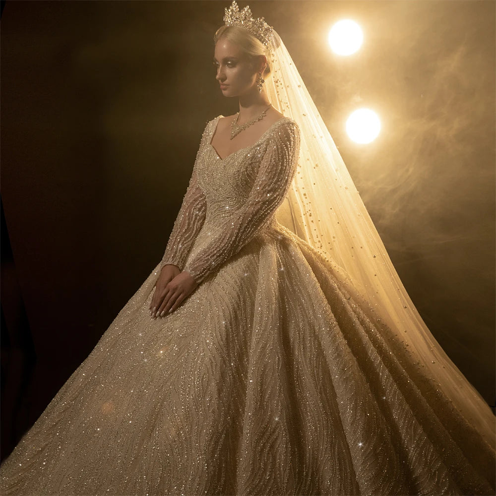 Elegant Square Collar Long Sleeve Wedding Dress - Luxury Bridal Gown for Church, Garden & Beach Weddings