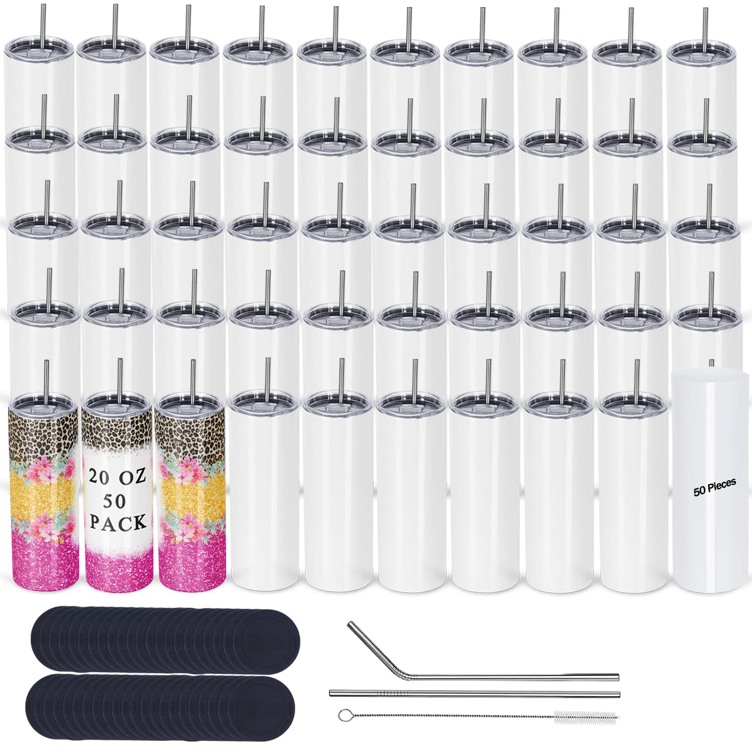 50 Pack 20 oz Skinny Straight Stainless Steel Sublimation Tumblers - White Sublimation Blanks for DIY Crafts, Bulk Tumbler Cups Individually Boxed | Perfect for Custom Gifts, Promotional Events & Personalized Drinkware