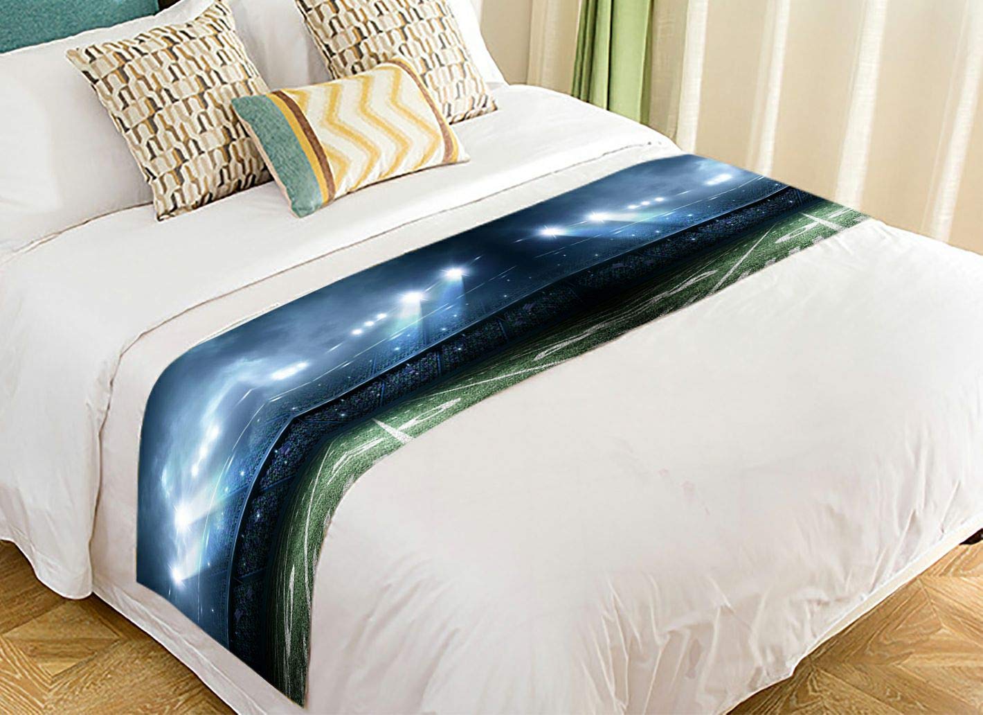 ABPHQTO American Football Stadium Bed Runner - 20x95 Inch Football Field Bed Scarf for Sports Fans, Team Spirit Bedding Decor - Perfect for Game Day, Dorm Room, and Fan Cave Decorations