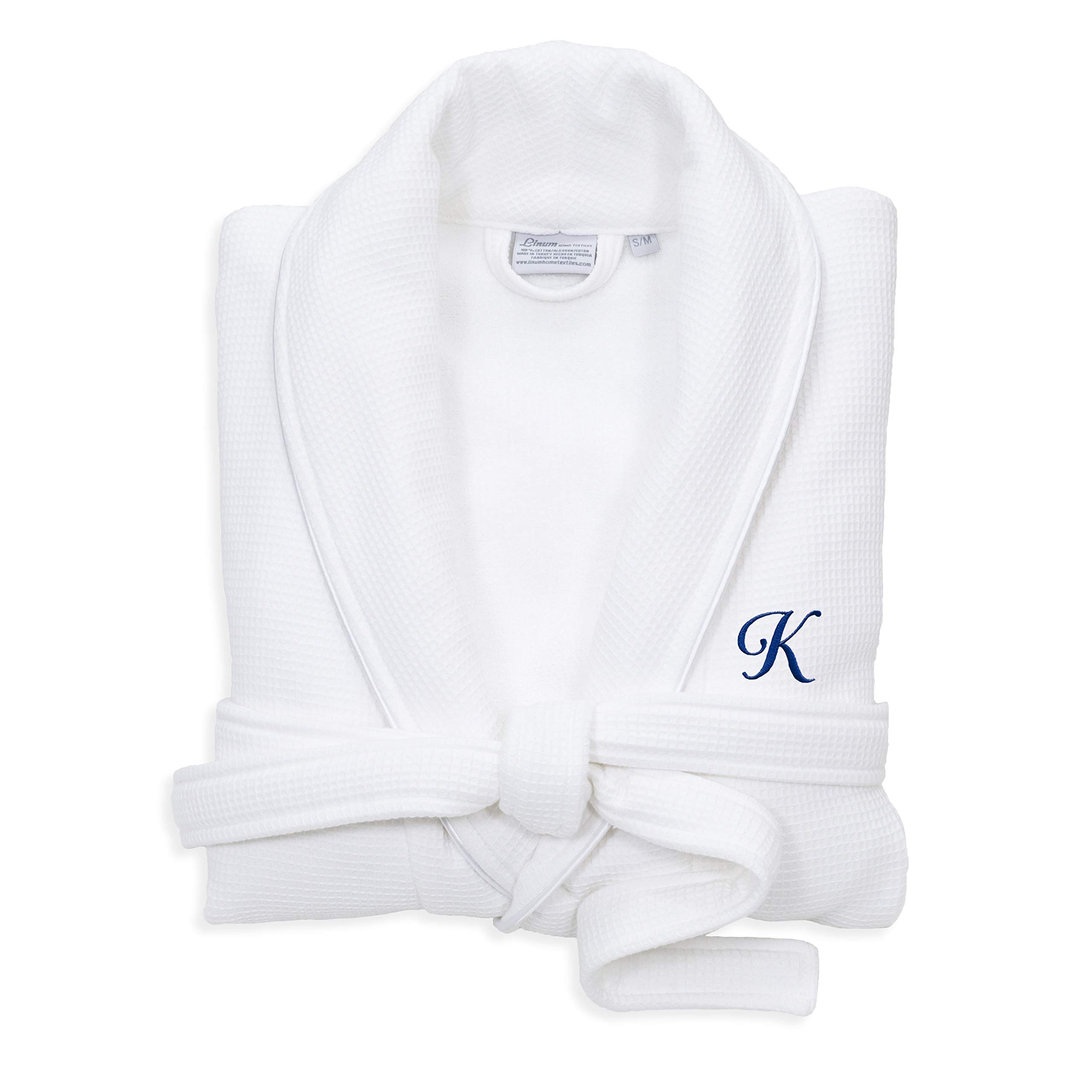 Premium White Unisex Turkish Cotton Waffle Weave Bathrobe - Soft Terry Cloth Robe with Navy Blue Script Monogram (Size S/M) - Perfect for Spa, Hotels & Cozy Home Relaxation