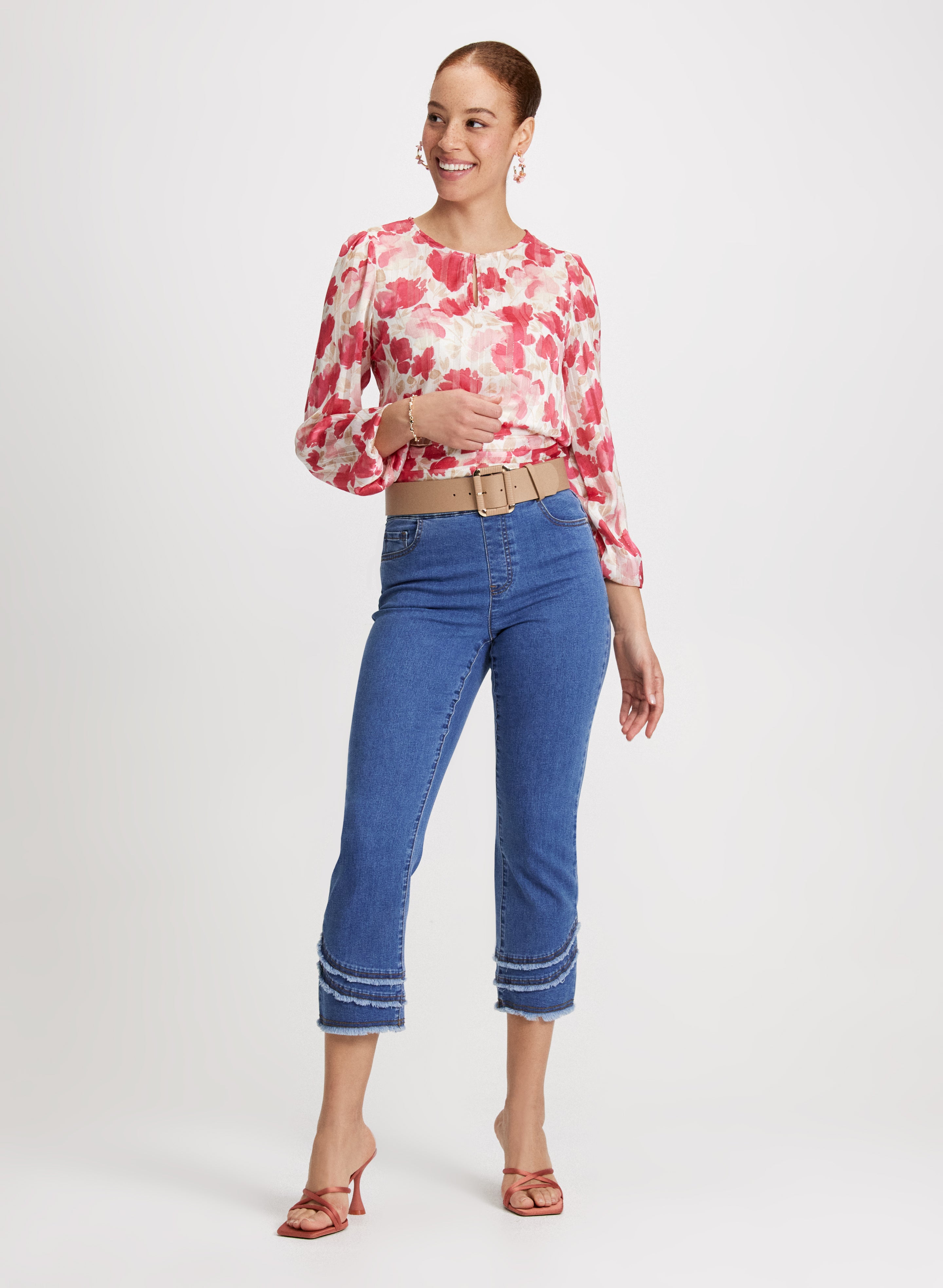 Floral Smocked Hem Blouse & Pull On Frayed Denim Capris Set - Women's Casual Summer Outfit for Beach, Brunch & Date Night
