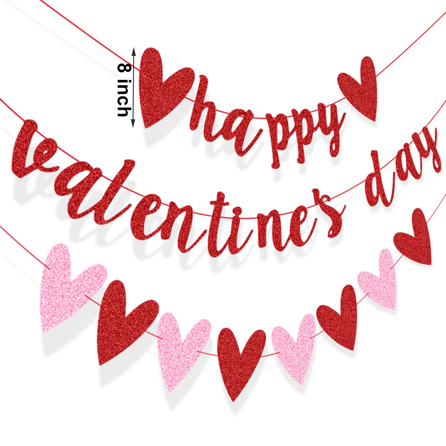 XIANMU 10ft Red Glitter Valentine's Day Banner & Pink Heart Garland - Reusable Party Decor for Valentine's, Weddings, Anniversaries & Romantic Home Decor
