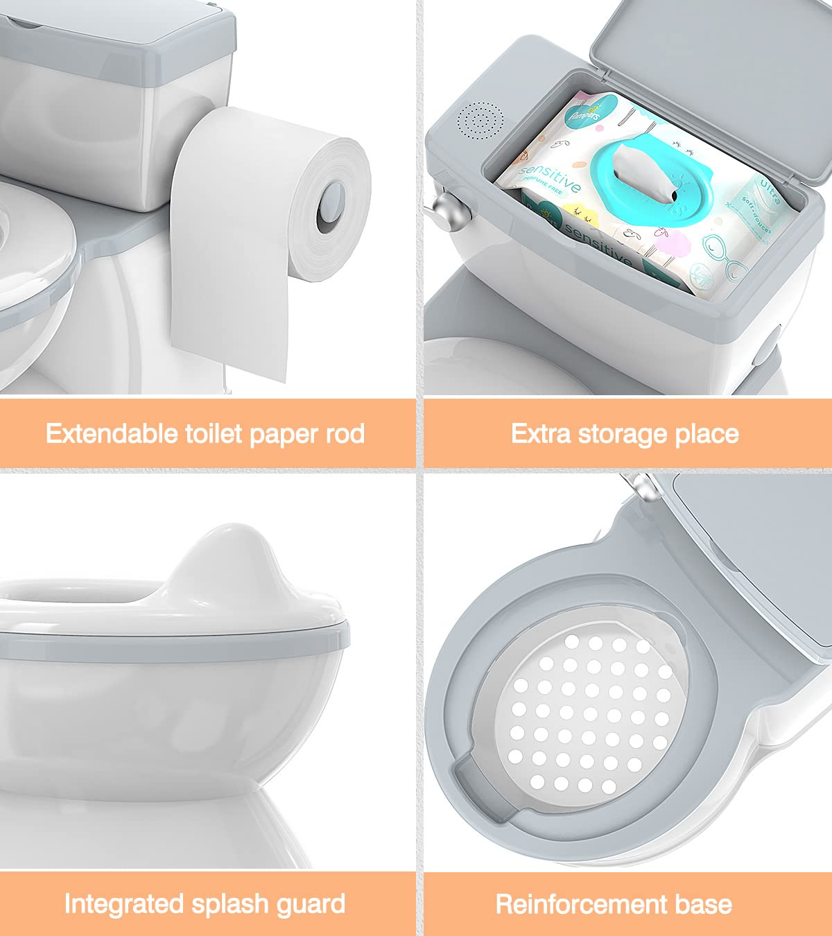 **Realistic Baby Potty Training Toilet with Flushing Sound & Adult-Like Feel – Removable Pot, Storage Tank & Toilet Paper Holder for Toddlers Aged 1-3 (White-Grey) – Perfect for Home & Travel Potty Training**