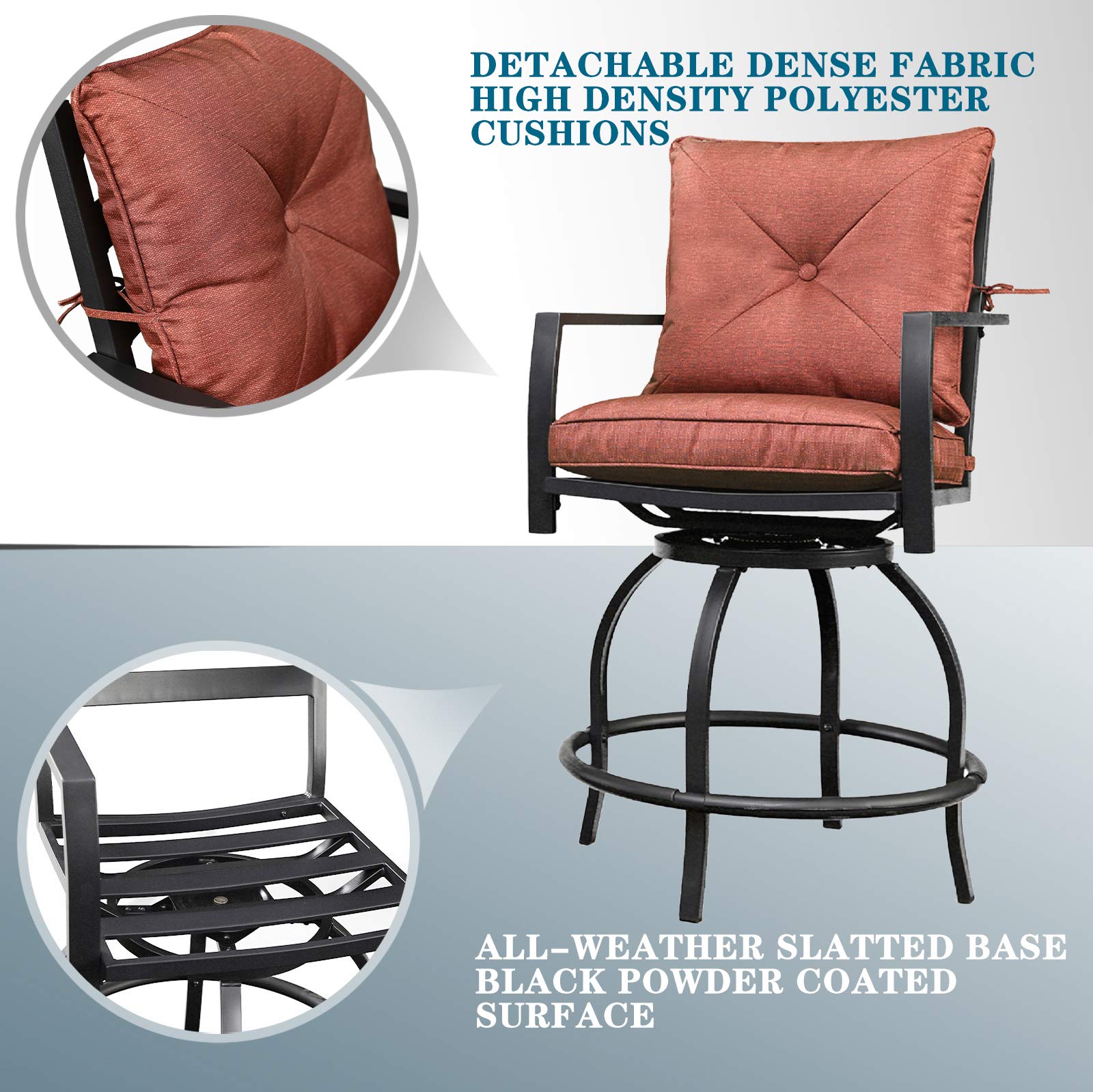360° Swivel Bar Height Patio Bistro Set - 9-Piece All-Weather Metal Outdoor Dining Set with Cushioned Chairs & Table for Deck, Lawn, Garden (Red) - Perfect for Backyard BBQs, Poolside Lounging & Outdoor Entertaining