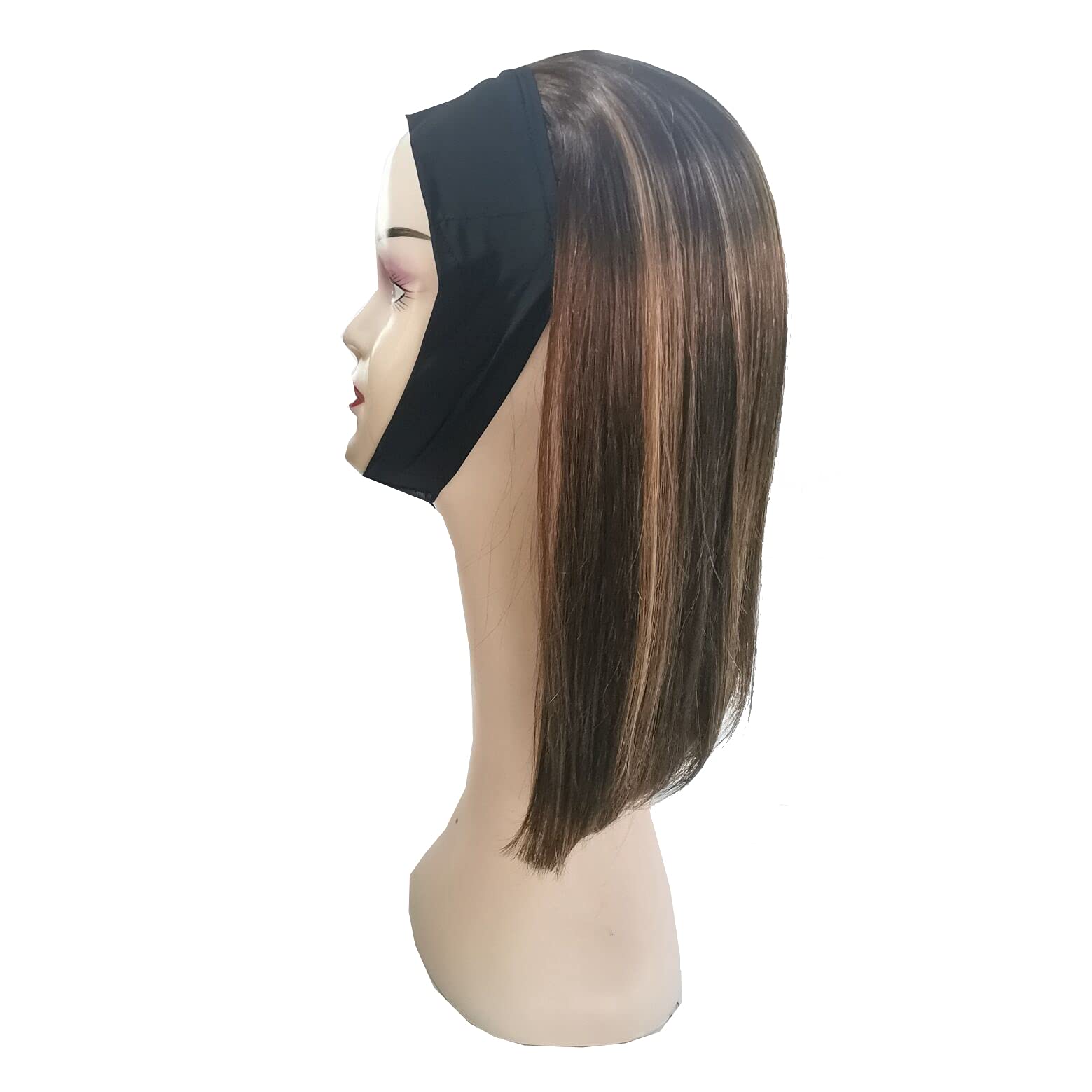 XMH 14 Inch Human Hair Headband Wig - Straight Glueless Head Scarf Wig in #4/27 Brown with Honey Blonde Streaks | No Lace Front | Perfect for Daily Wear, Cosplay & Protective Hairstyles