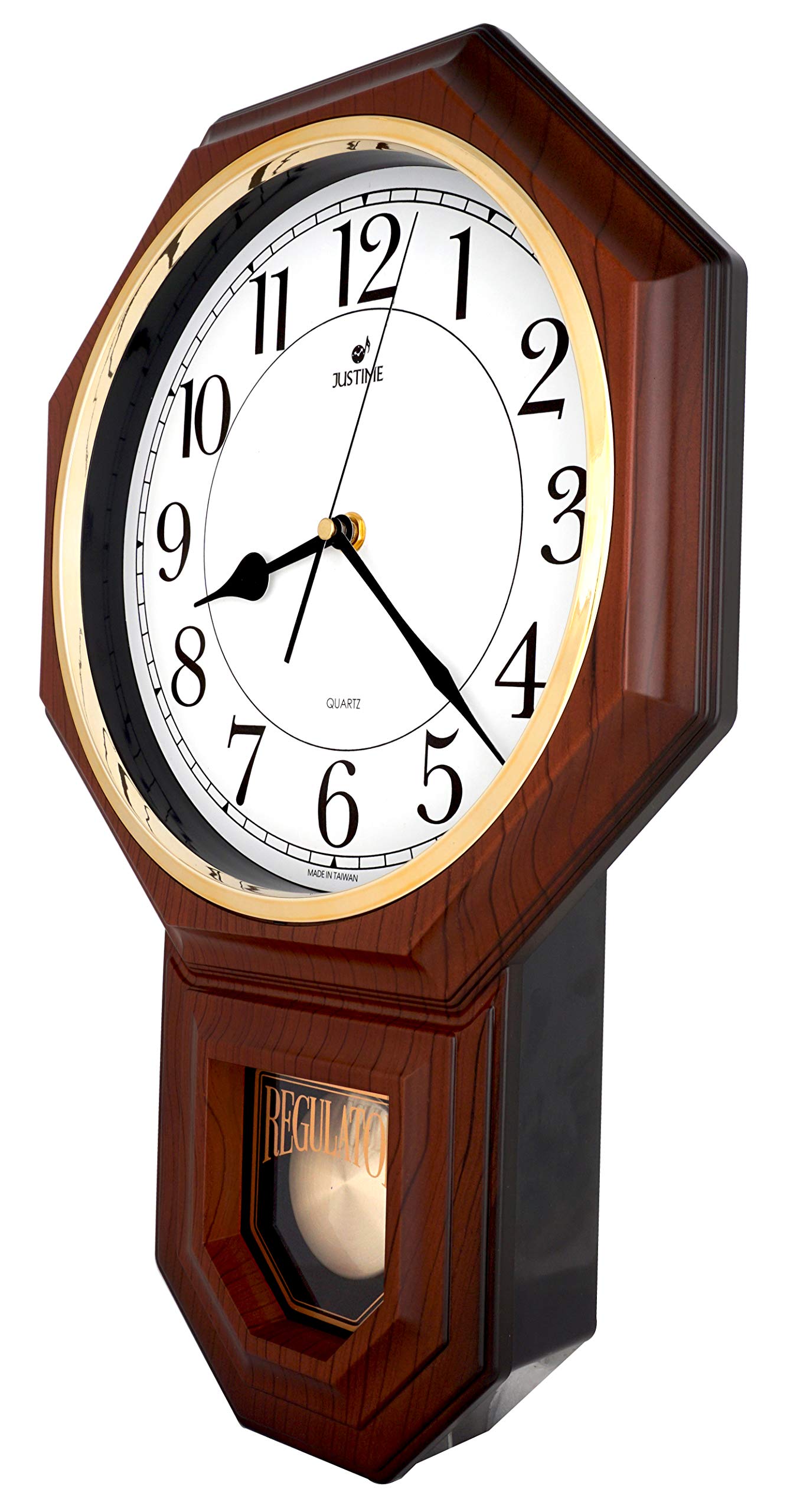 JUSTIME Traditional Schoolhouse Wall Clock - Easy to Read Pendulum Clock with Westminster Chime, Hourly Chimes, Dark Wood Grain Finish (Batteries Included) - Perfect for Classrooms, Offices, and Home Decor