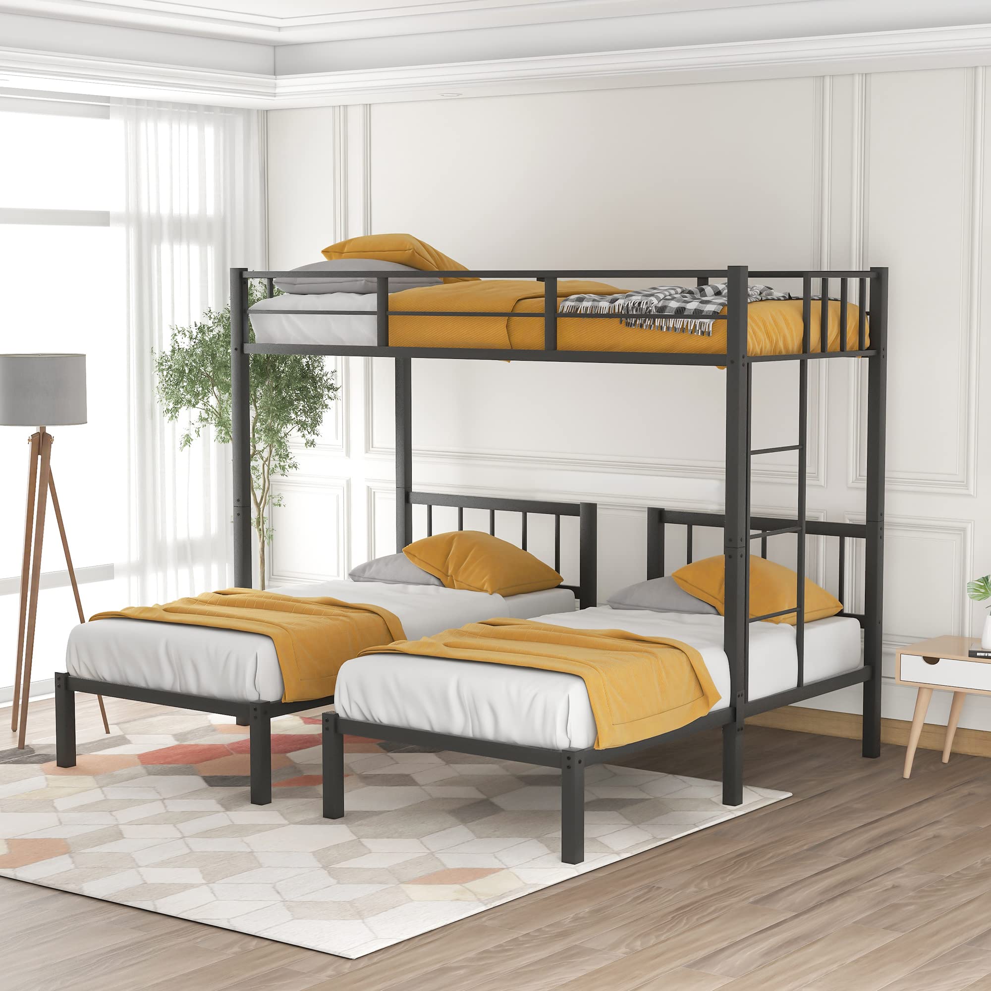 Metal Triple Bunk Bed for 3 People - Convertible to 3 Separate Twin Beds - Twin Over Twin Bunk Bed with Safety Guardrails for Kids, Teens & Adults - Space Saving Solution for Dorms, Hostels & Small Bedrooms (Black)