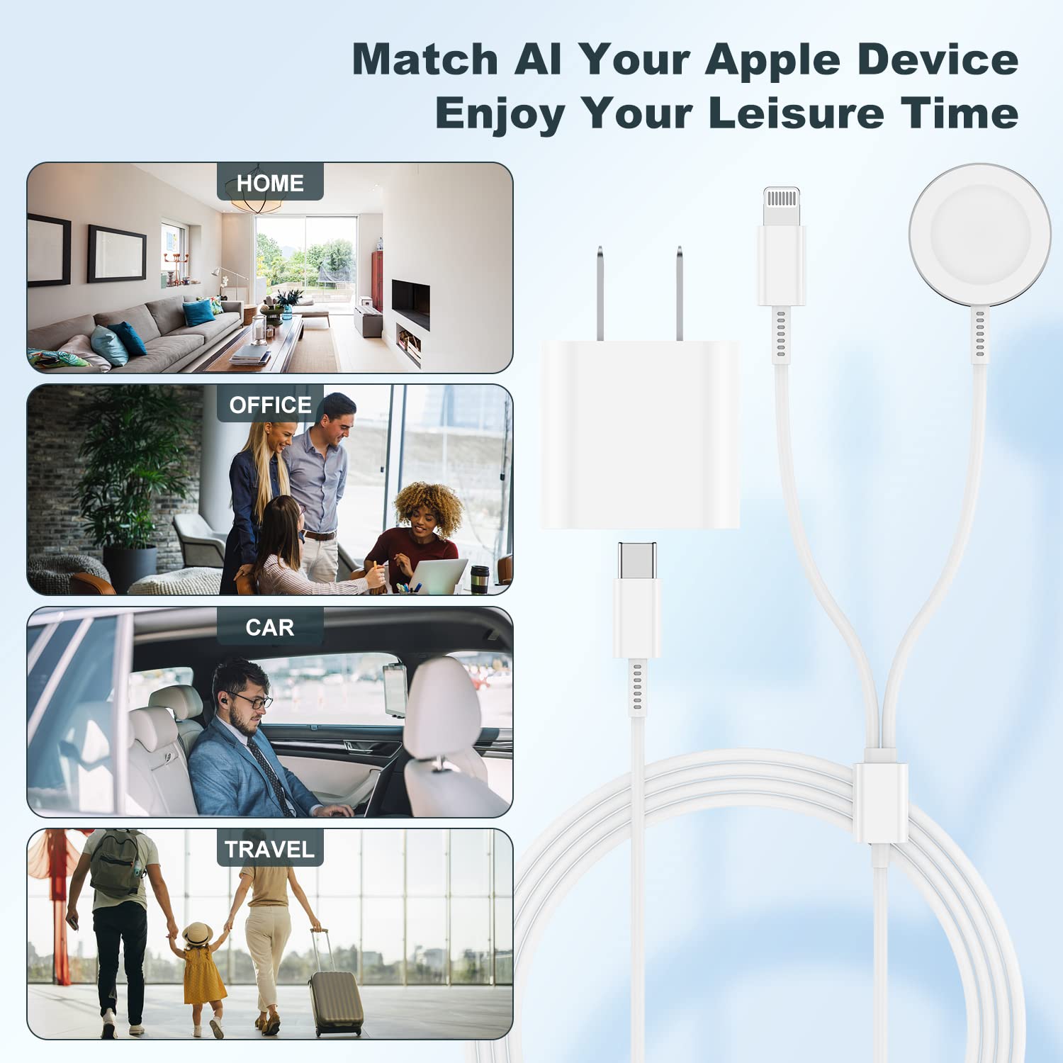 2 in 1 Magnetic Fast Charging Cable for Apple Watch & iPhone - 6ft USB-C Charger with 20W Power Adapter - Compatible with Apple Watch Ultra/Series 9/8/7/6/5/4/3/SE & iPhone 14/13 (White) - Perfect for Travel, Office and Home Charging