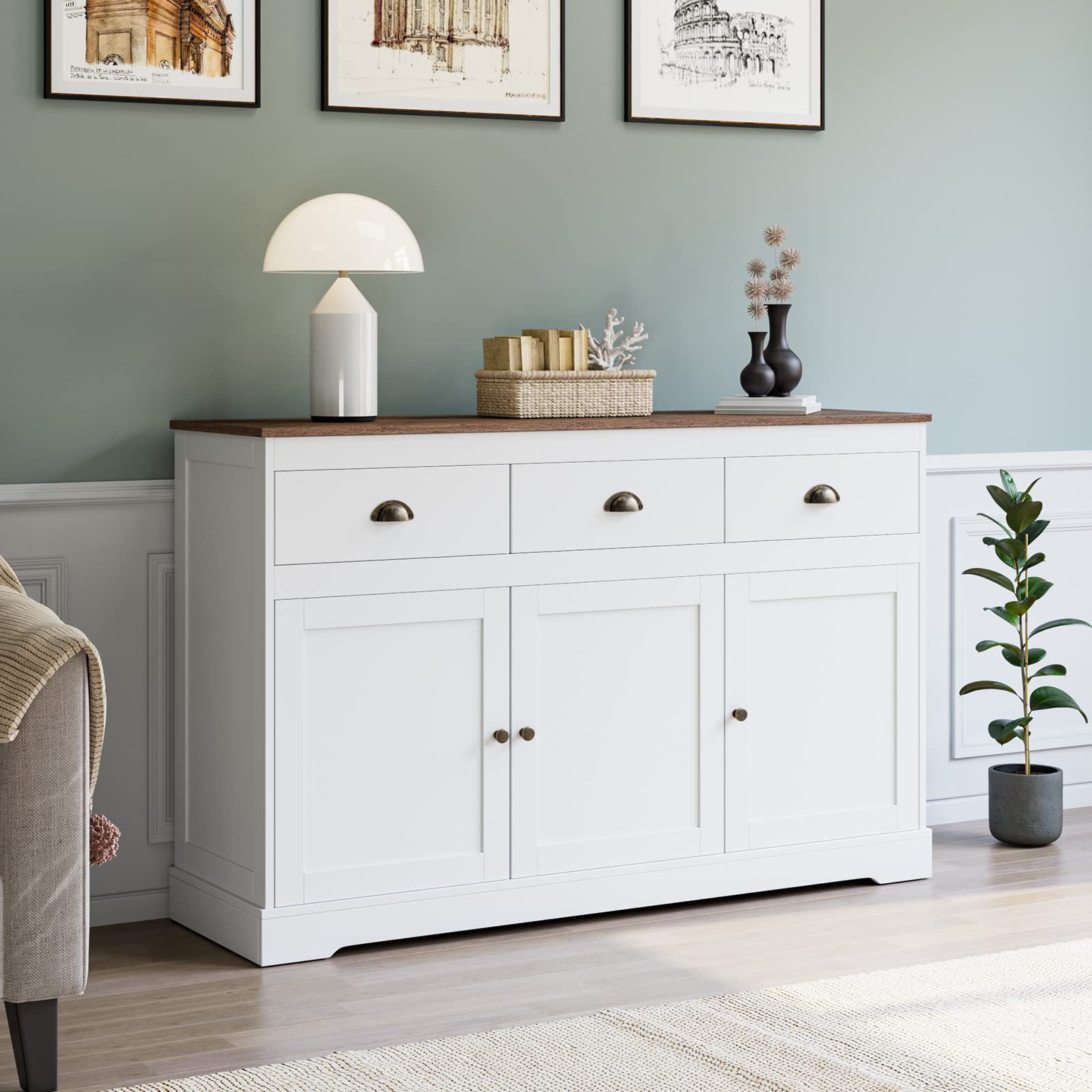 Farmhouse Style White Buffet Cabinet with 3 Drawers & 3 Doors - Adjustable Shelves Storage Sideboard for Dining Room, Living Room & Kitchen - Wine Bar Cabinet, Server Console & Cupboard Organizer - Perfect for Entertaining, Storage & Home Decor