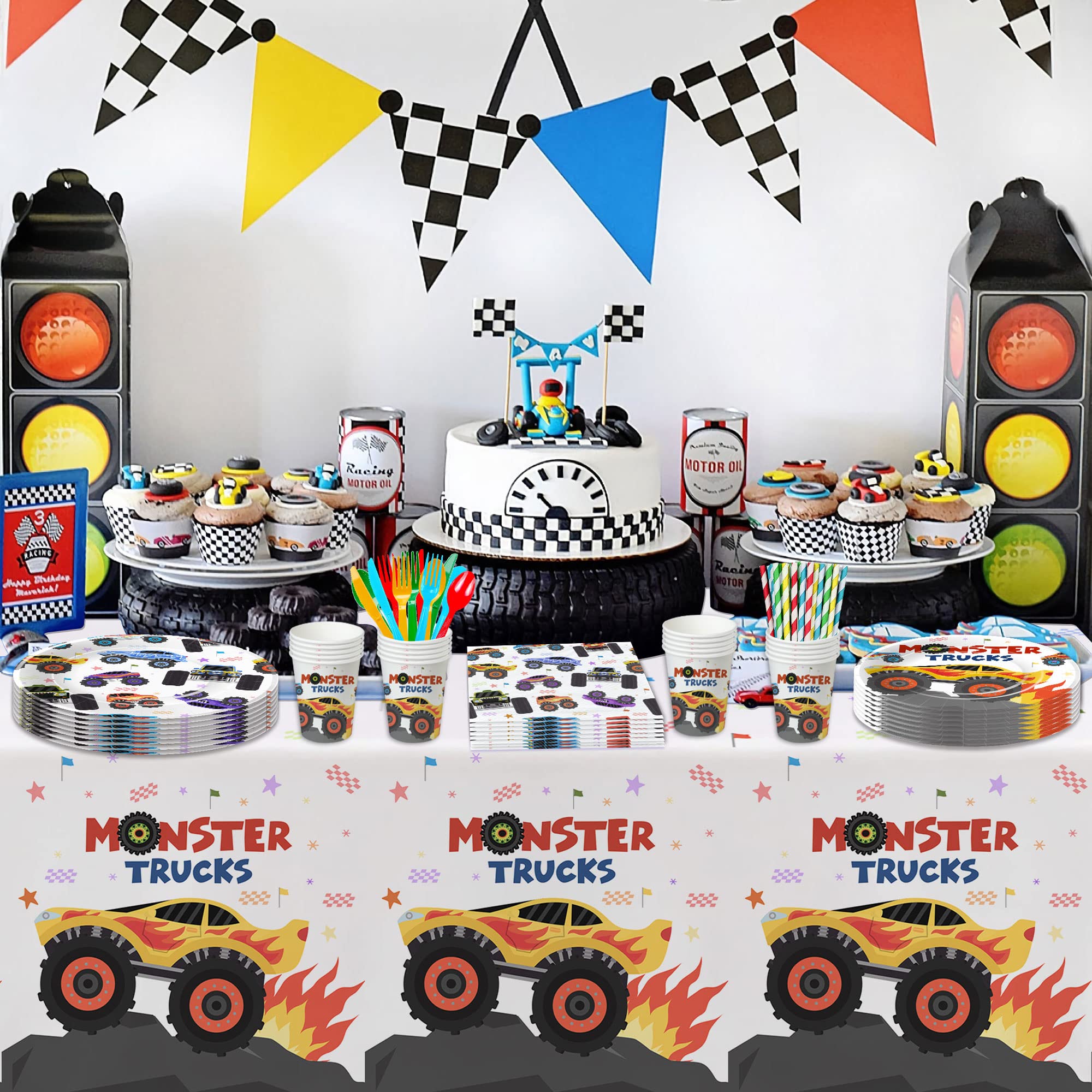 Monster Truck Birthday Party Supplies Set - 24-Piece Tableware Kit with Plates, Napkins, Tablecloth & Forks for Kids' Monster Jam Themed Party Decorations | Perfect for Birthday Celebrations, Themed Events & Kids' Dinner Parties