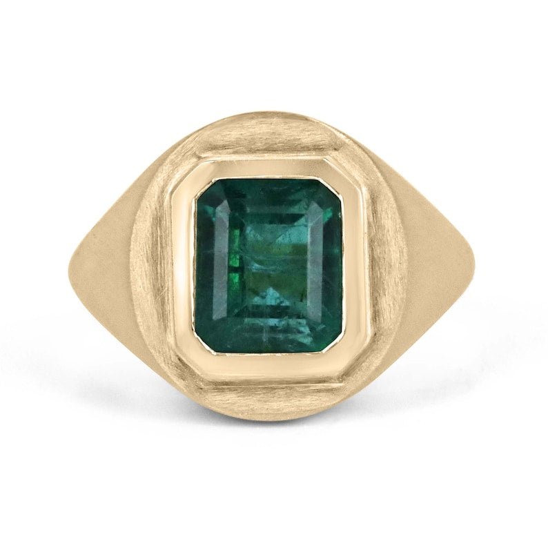 3.86ct Natural Emerald Cut Green Emerald Ring in 18K Gold - Unisex Matte Finish Gypsy Style Jewelry for Weddings, Engagements & Special Occasions