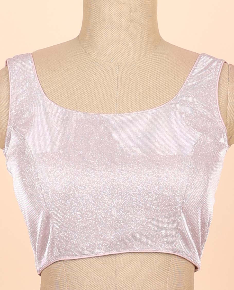 Elegant Baby Pink Striped Zari Design Raw Silk Sleeveless Blouse - Deep Round Neck Front & Back - Perfect for Weddings, Parties & Festive Occasions