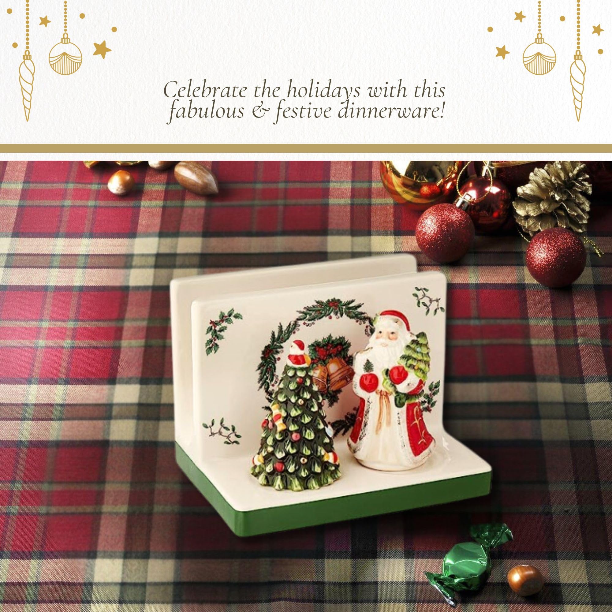 Spode Christmas Tree 3-Piece Hostess Set - Santa & Tree Figural Napkin Holder, Salt & Pepper Shakers - Festive Earthenware Holiday Entertaining Collection - Perfect for Christmas Decor, Dinner Parties & Gift Giving
