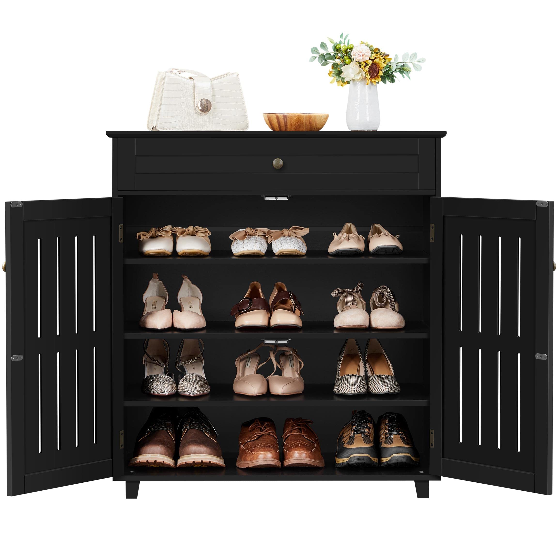 Yaheetech 4-Tier Wooden Shoe Storage Cabinet with Drawer & Adjustable Shelves - Shoe Rack Organizer with Louvered Doors for Entryway, Hallway, Bedroom - Perfect for Small Space Organization & Home Decor (Black)